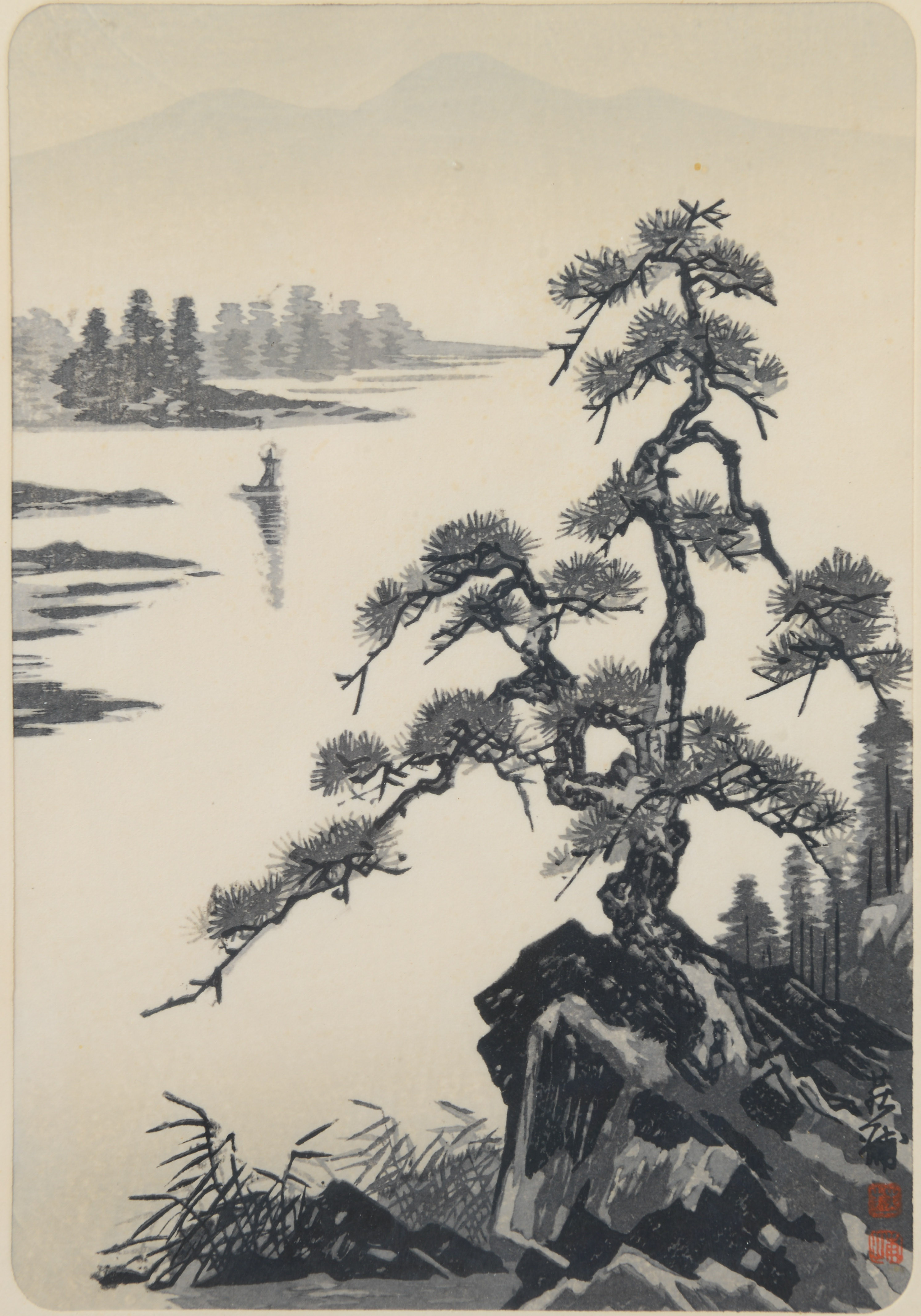 TEKIHO IMOTO. Landskapsmotiv, grafiskt blad, signerad, Japan.
