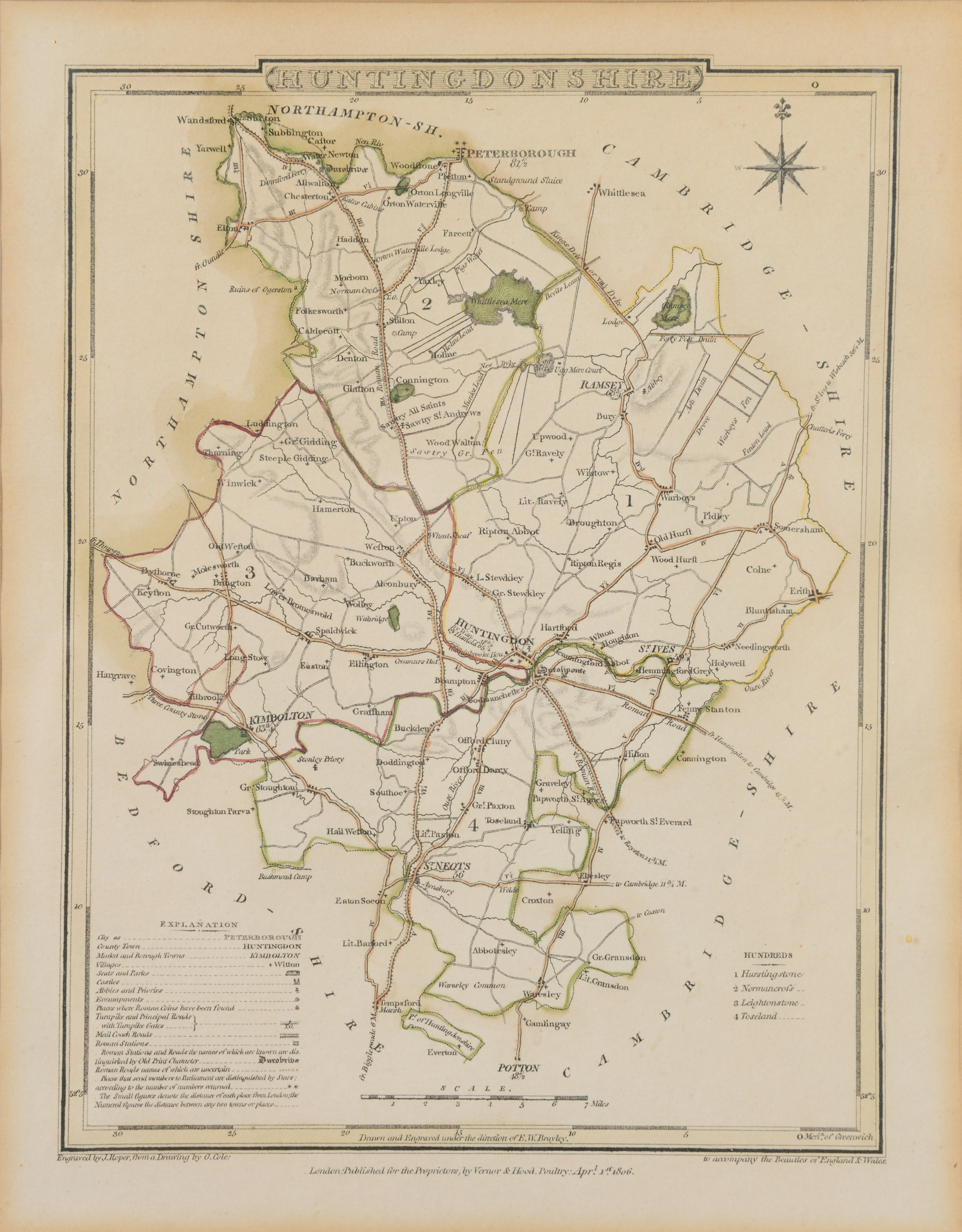 KARTA, "Huntingdonshire", Vernor & Hood, England, daterad 1806.