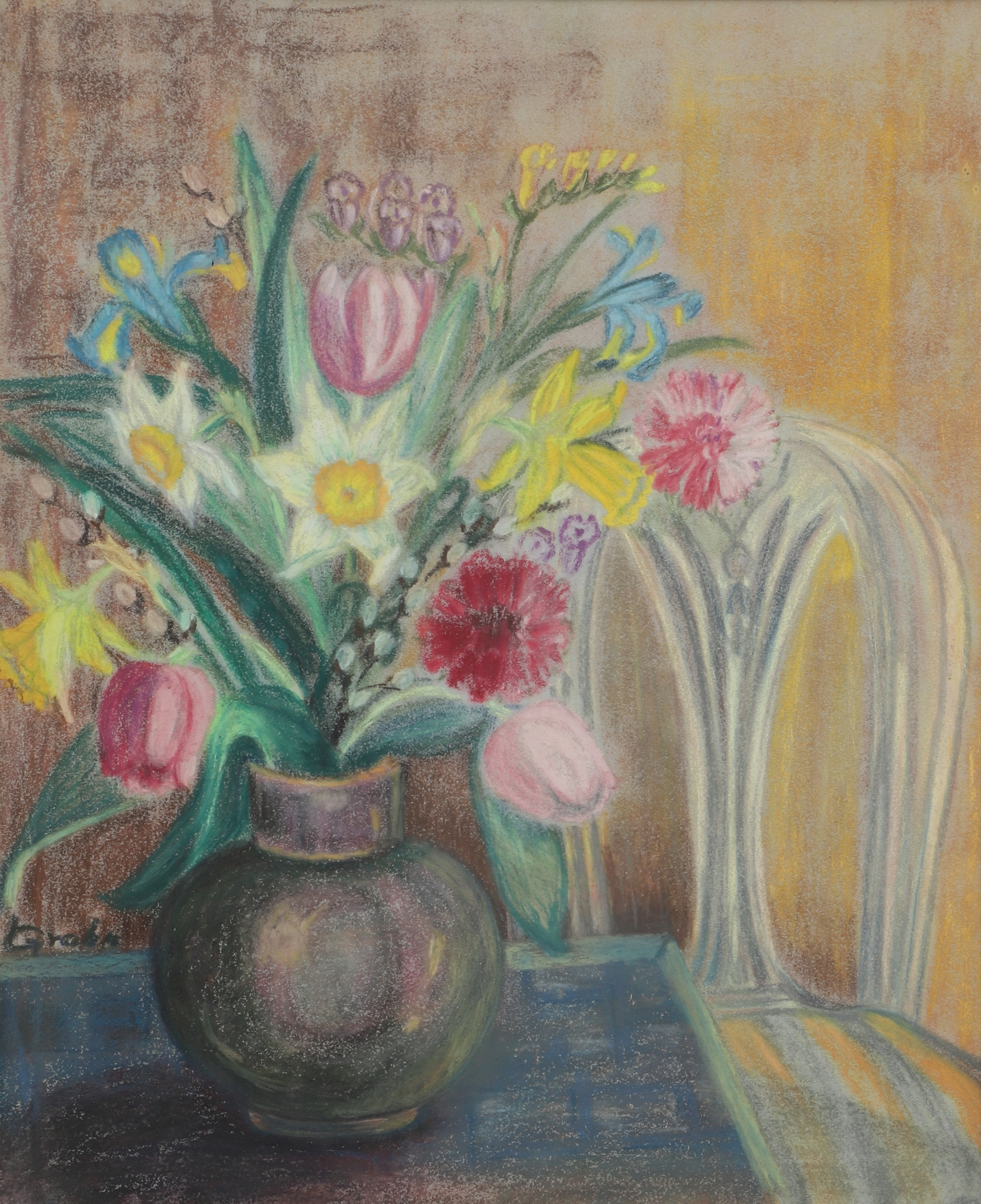 OIDENTIFIERAD KONSTNÄR, oljepastell, stilleben med blommor i vas, signerad.