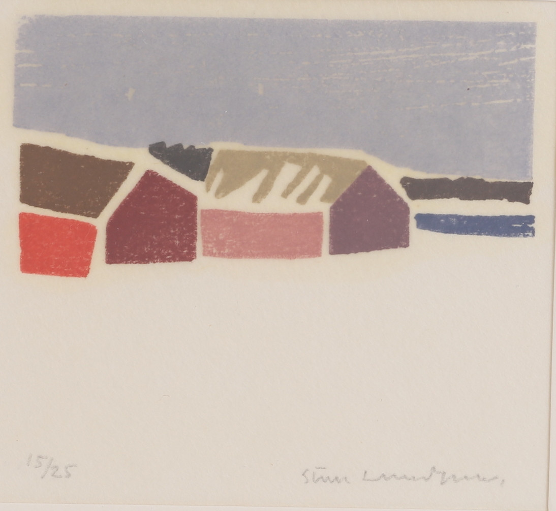 STURE LUNDGREN. Träsnitt, "Sjöbodar i snö", Källehamn, signerad 15/25.