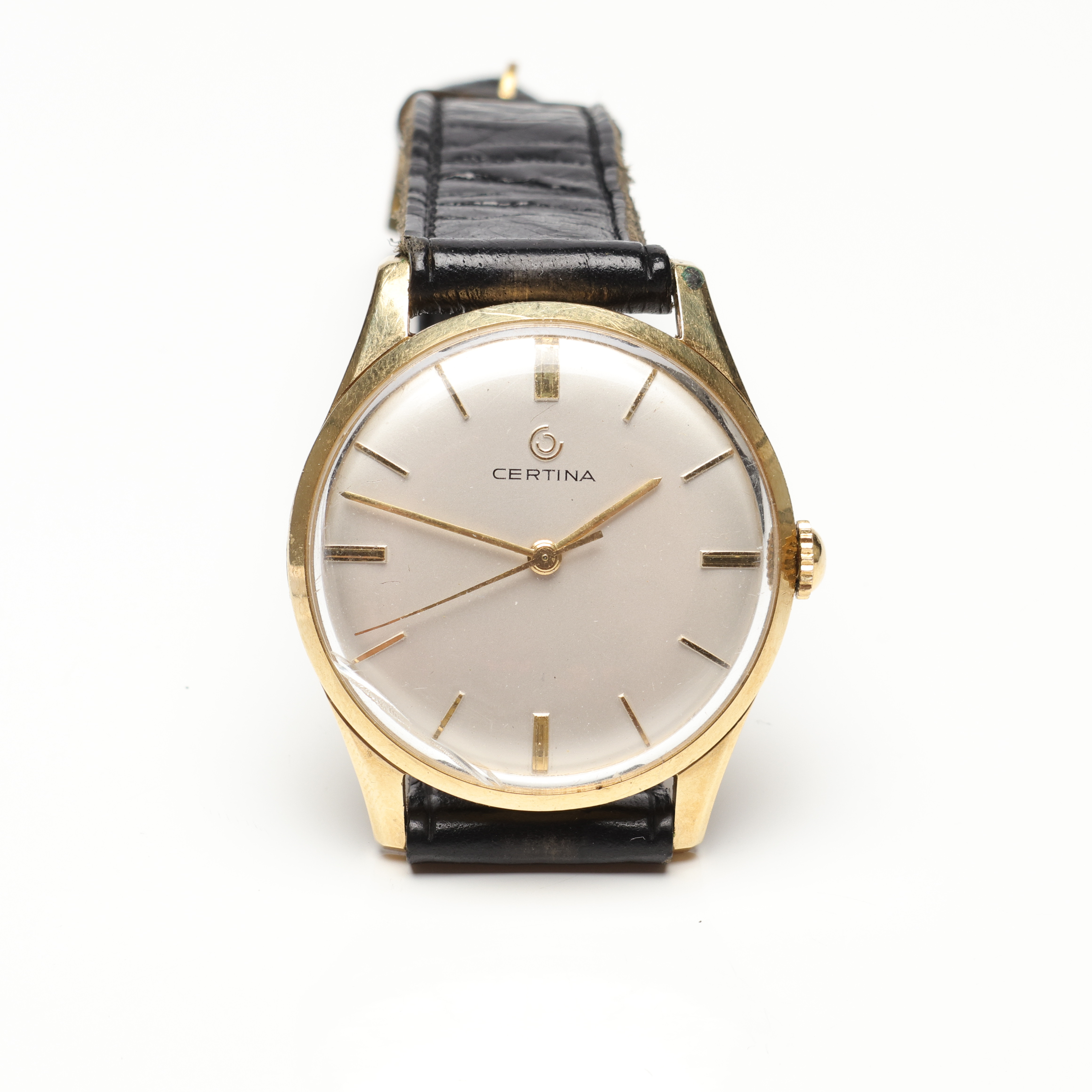 ARMBANDSUR, Certina, 14k, Guld, med svart läderarmband.