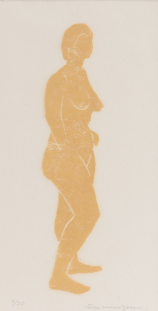 STURE LUNDGREN. Träsnitt, "Stående modell" signerad 6/25, 1987.