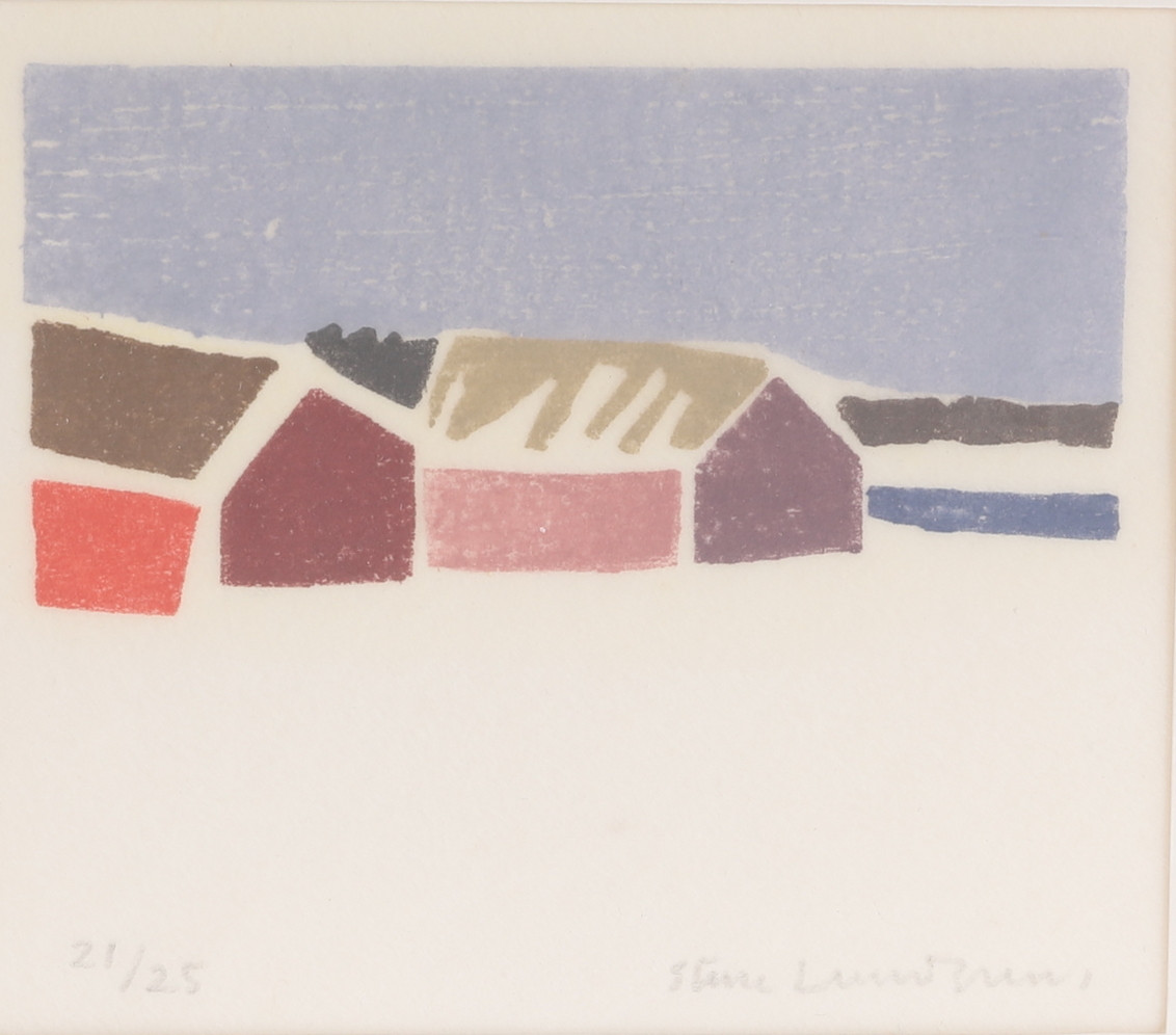 STURE LUNDGREN. Träsnitt, "Sjöbodar i snö Källahamn", signerad 21/25.