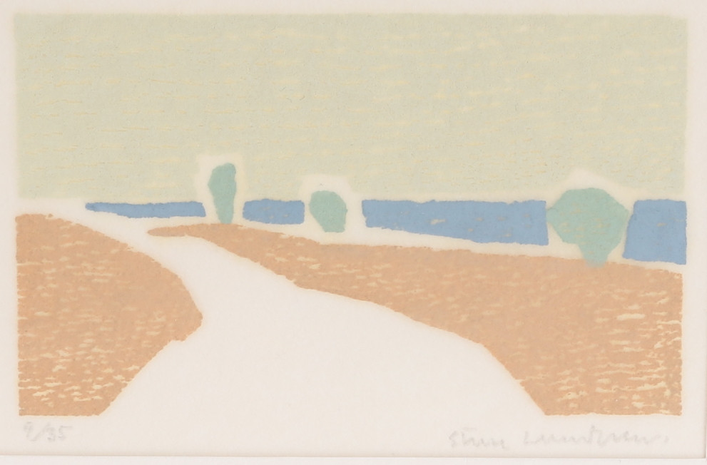 STURE LUNDGREN. Träsnitt, "Kustbild med väg och gröna träd", signerad 9/35.