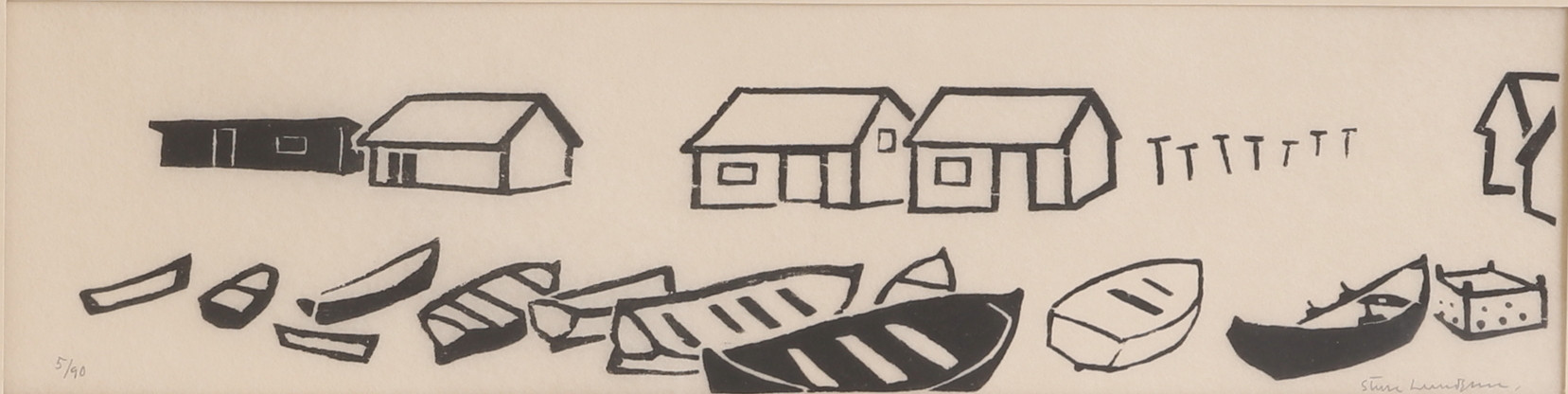 STURE LUNDGREN. Träsnintt, "Sjöbodar Byxelkrok", signerad 5/90.