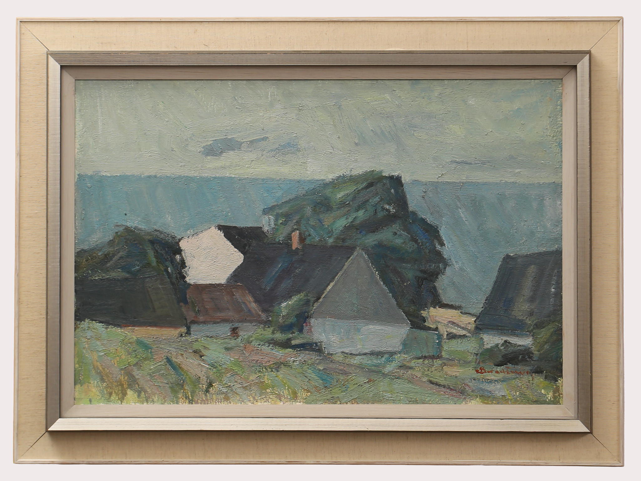 CARL BERNDTSSON. Olja på duk, stugor vid kusten, signerad.