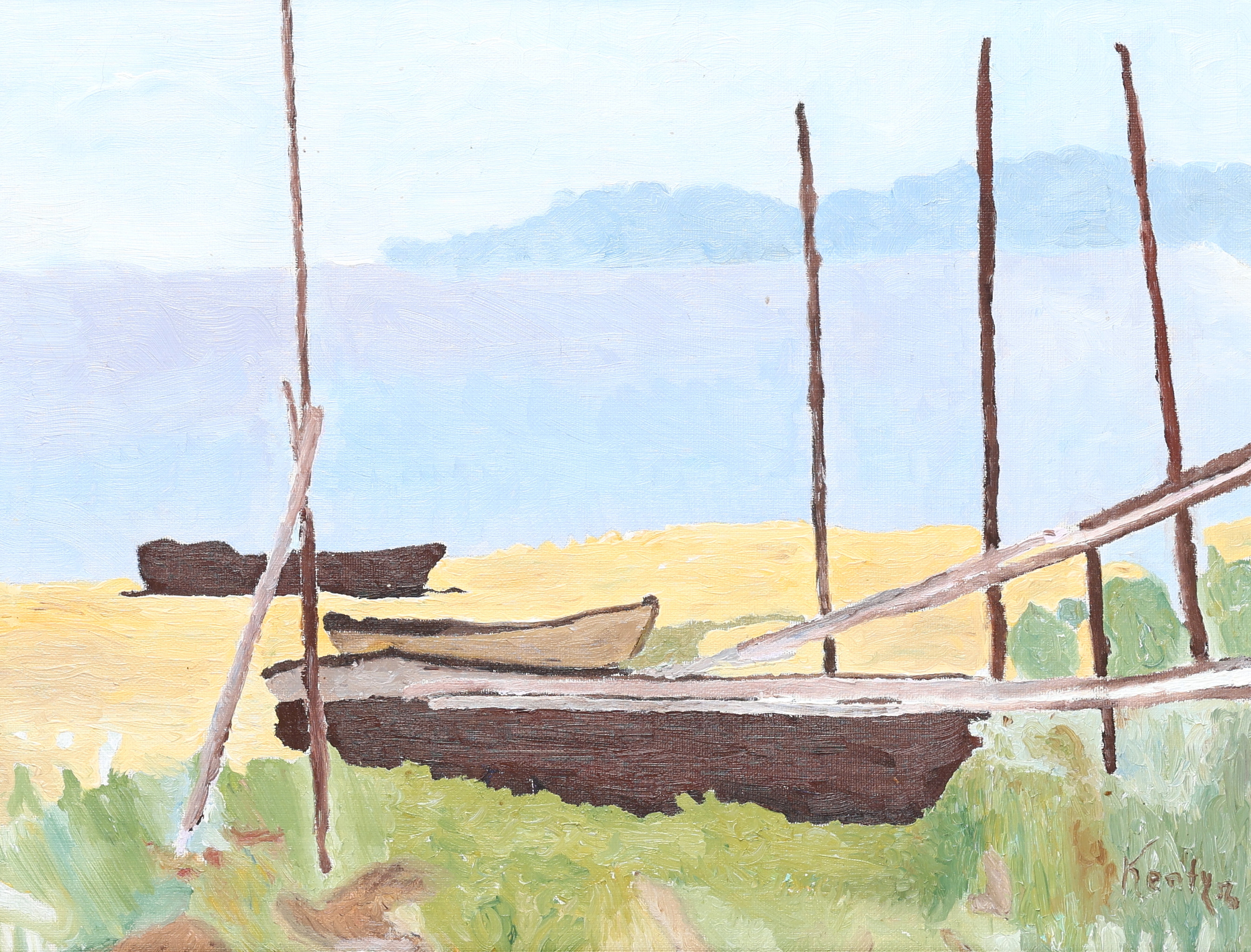 OIDENTIFIERAD KONSTNÄR. Olja på duk, båtar vid strand, signerad.