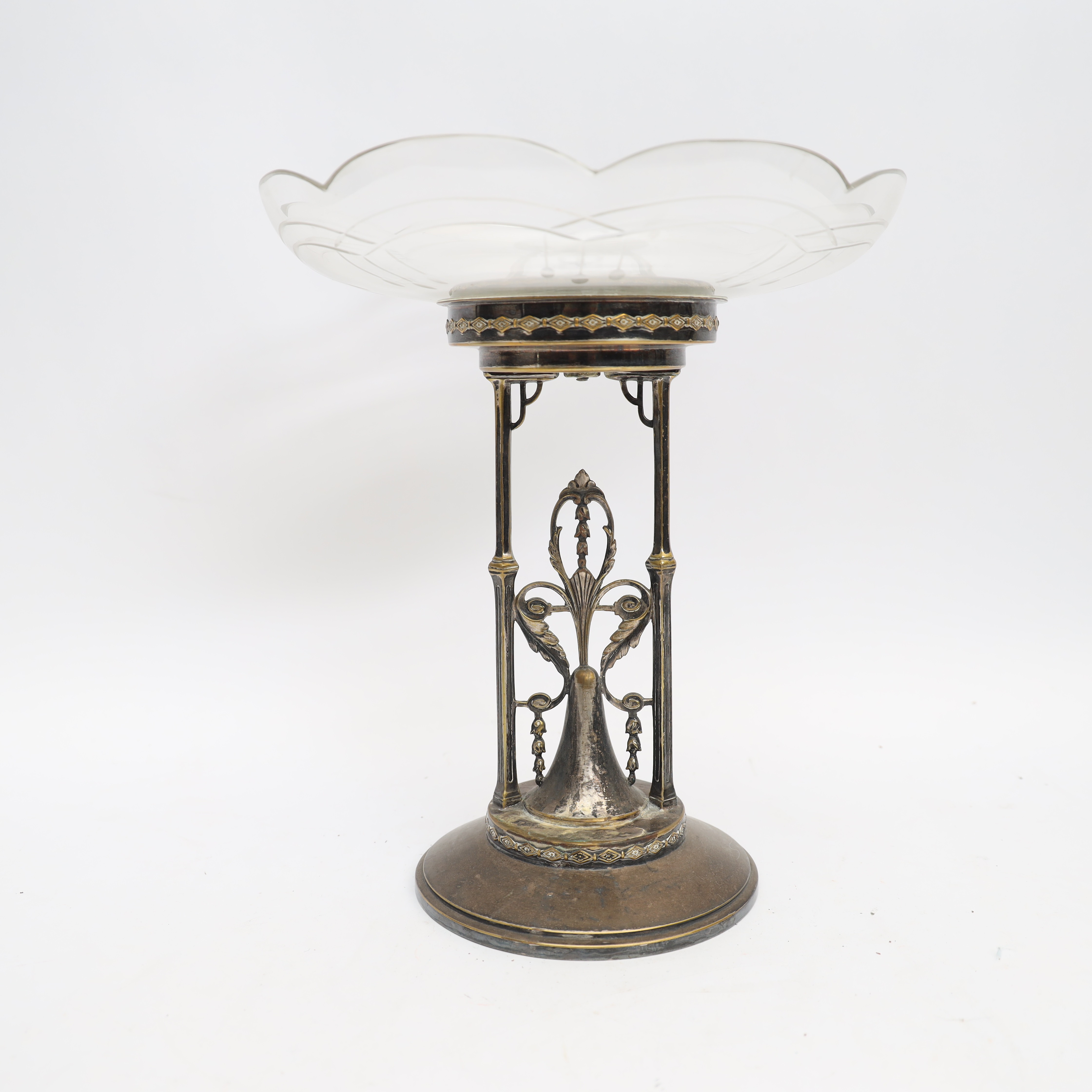 KAKFAT, jugend, tidigt 1900-tal, nysilver, skål av slipat glas.