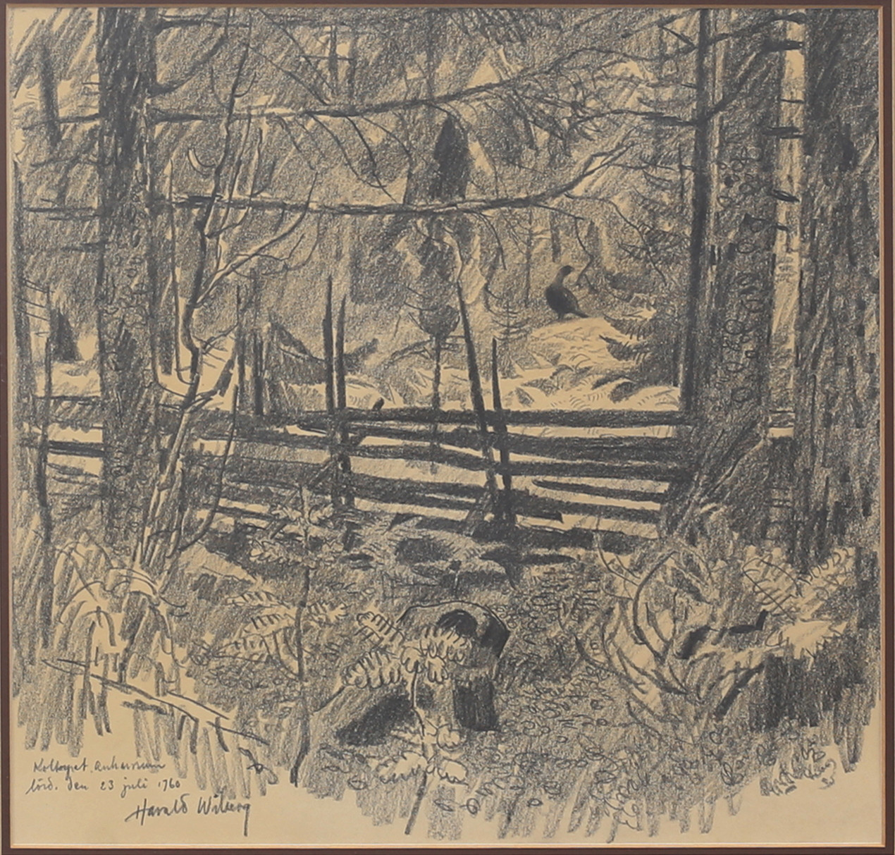 HARALD WIBERG. Orre i skogsmiljö med gärdesgård. Blyerts/kolpenna, signerad och daterad 1960.