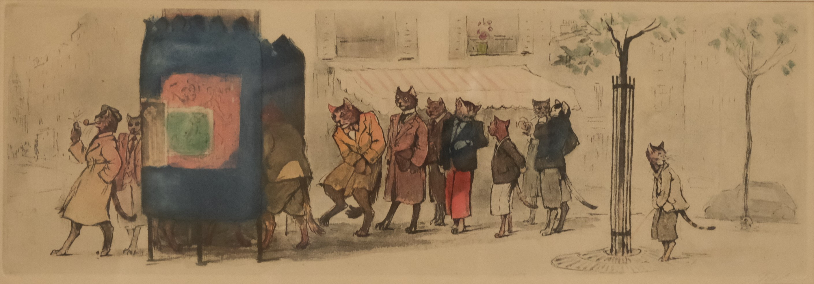 BORIS O'KLEIN. FÄRGETSNING, KATTER I KÖ, SIGNERAD.