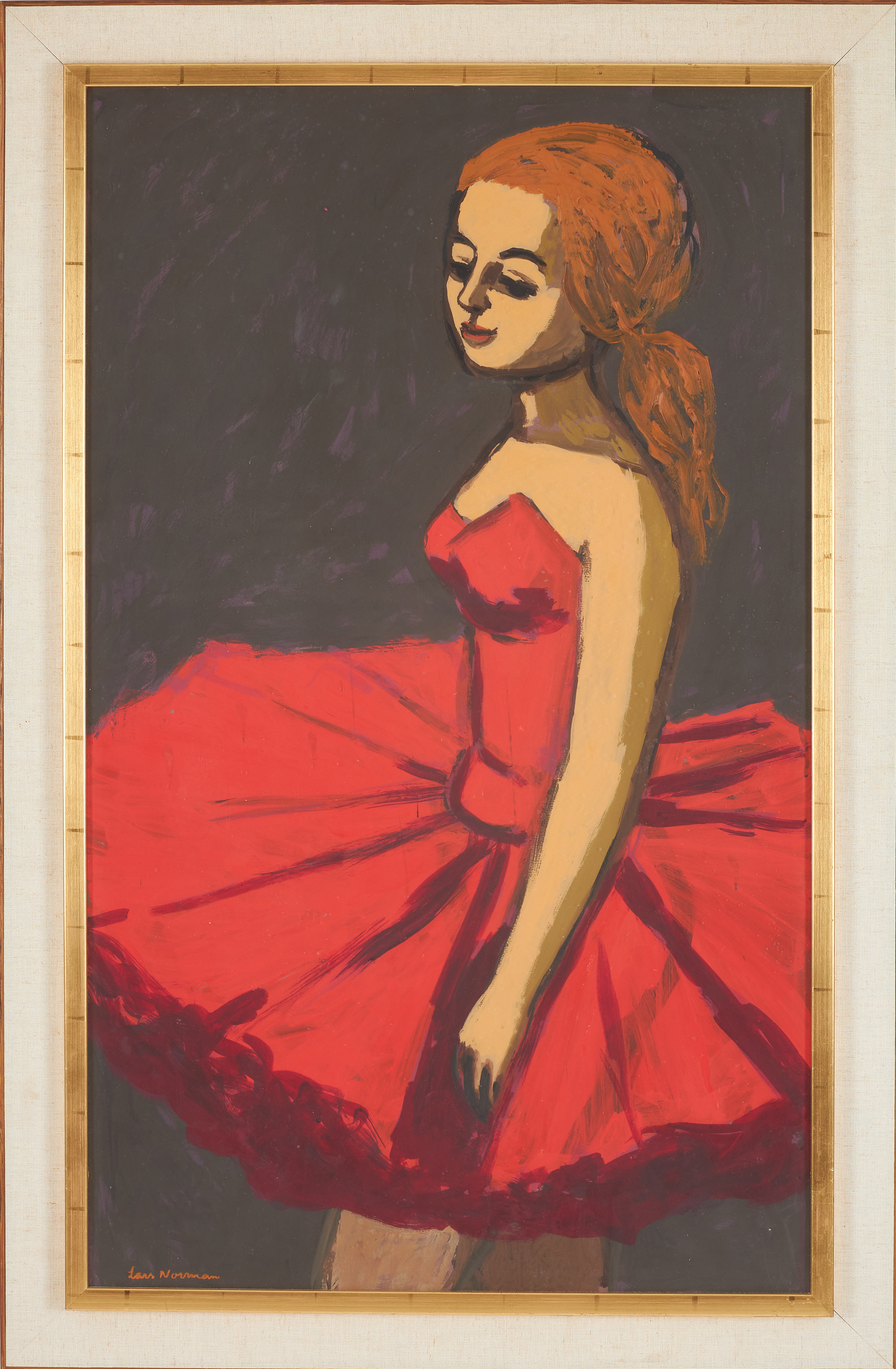 LARS NORRMAN. Kvinna i röd klänning, gouache, signerad.