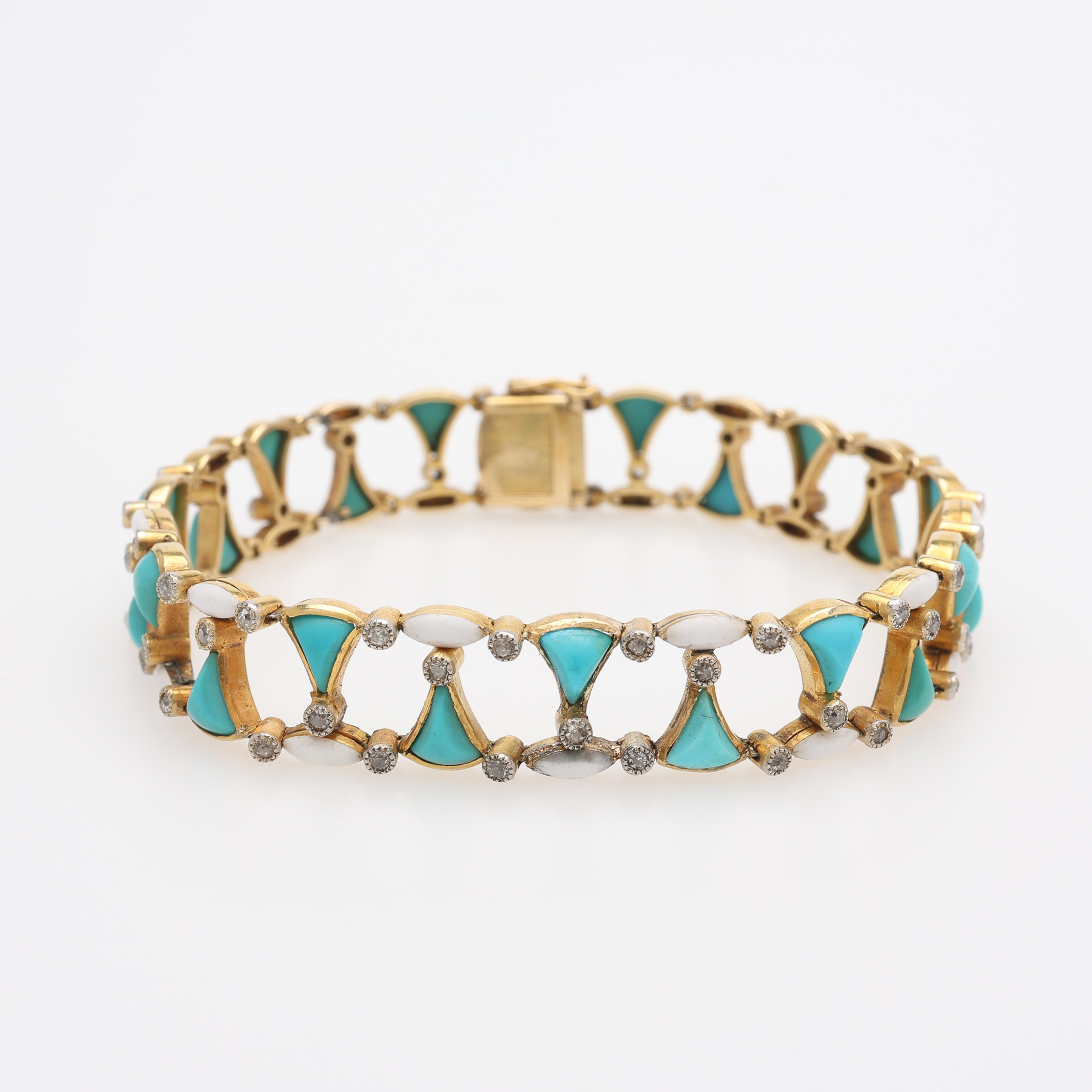 ARMBAND, 18K GULD, TURKOSER, DIAMANTER & EMALJ, EGYPTIAN REVIVAL, 1900-TALETS FÖRSTA HÄLFT.