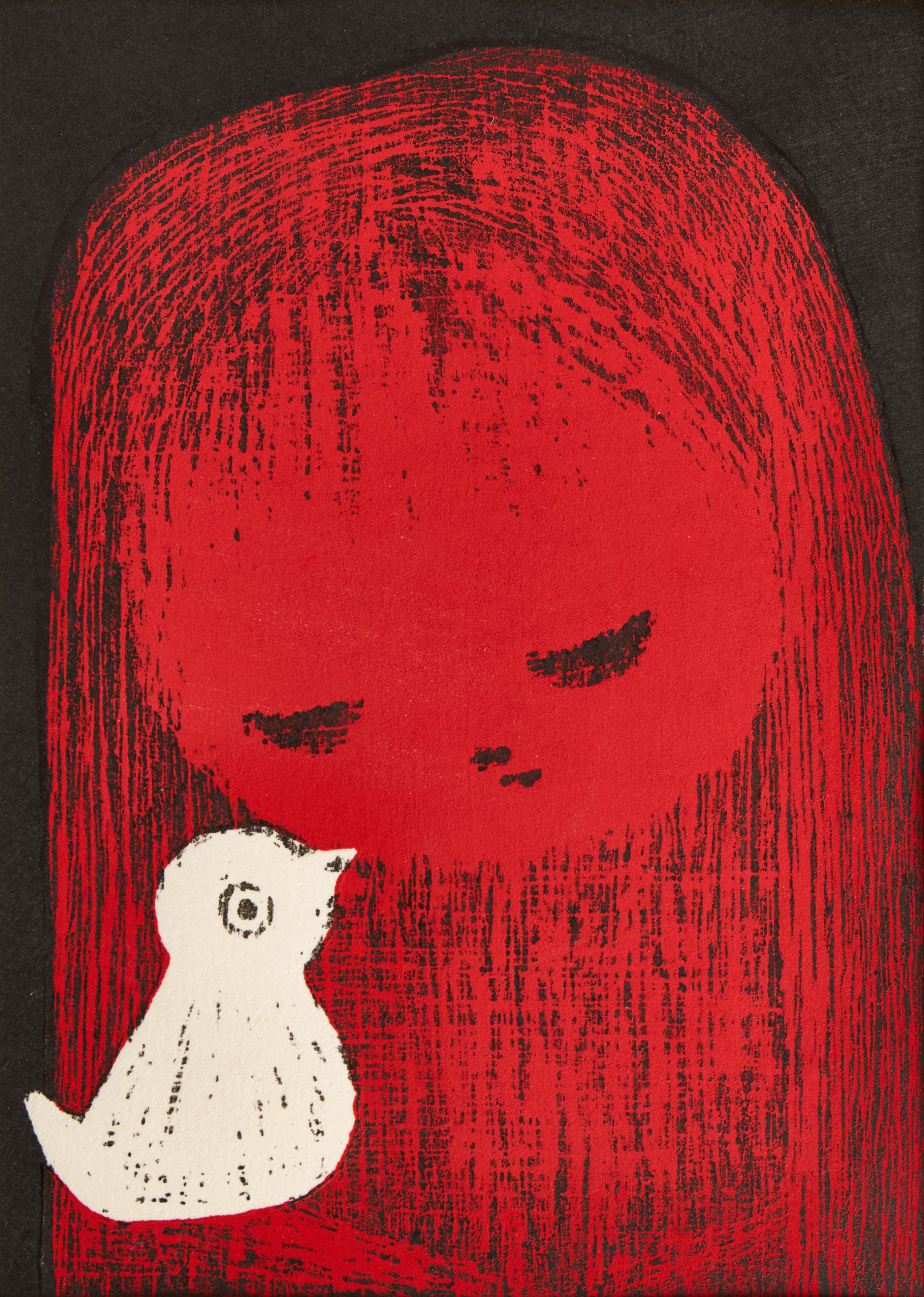 KAORU KAWANO (1926-1989), Flicka med fågel, träsnitt, 1950-tal.