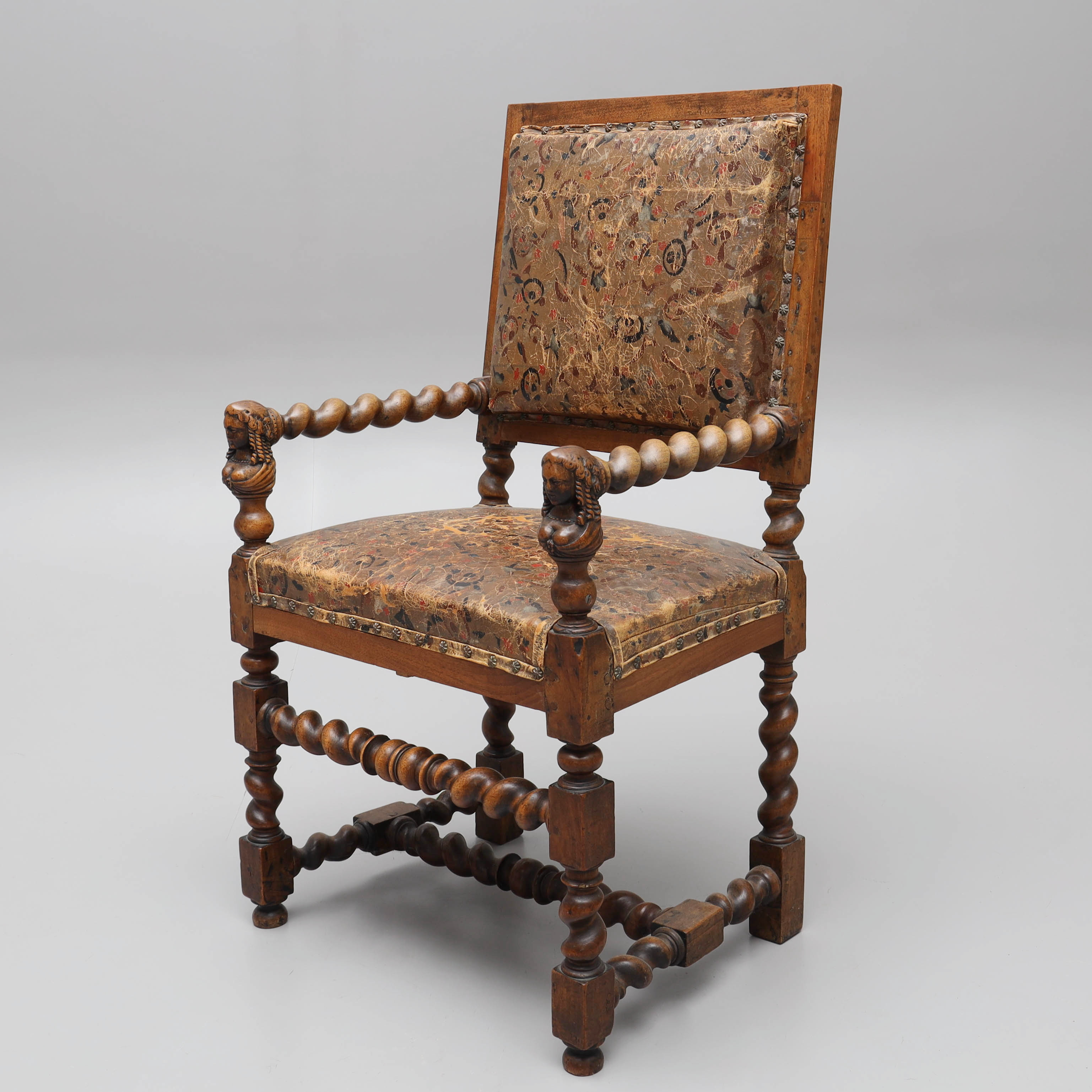 KARMSTOL, präglat läder med handkolorerade detaljer, barock stil, 1800-tal.