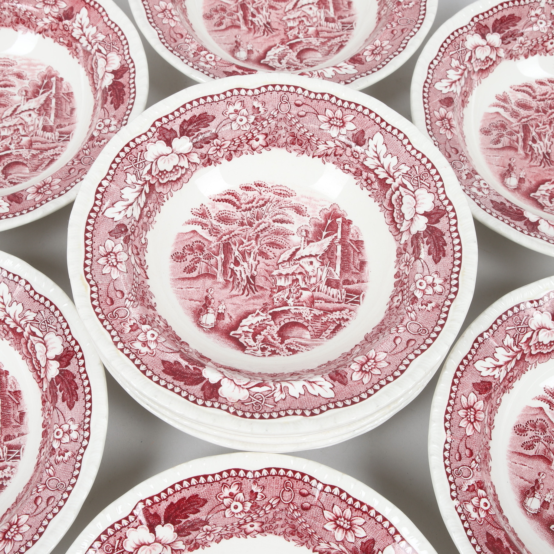 DJUPA DESSERTTALLRIKAR, 11 st, porslin, "English Scenes", The Bristol Pottery, England, 1900-tal.