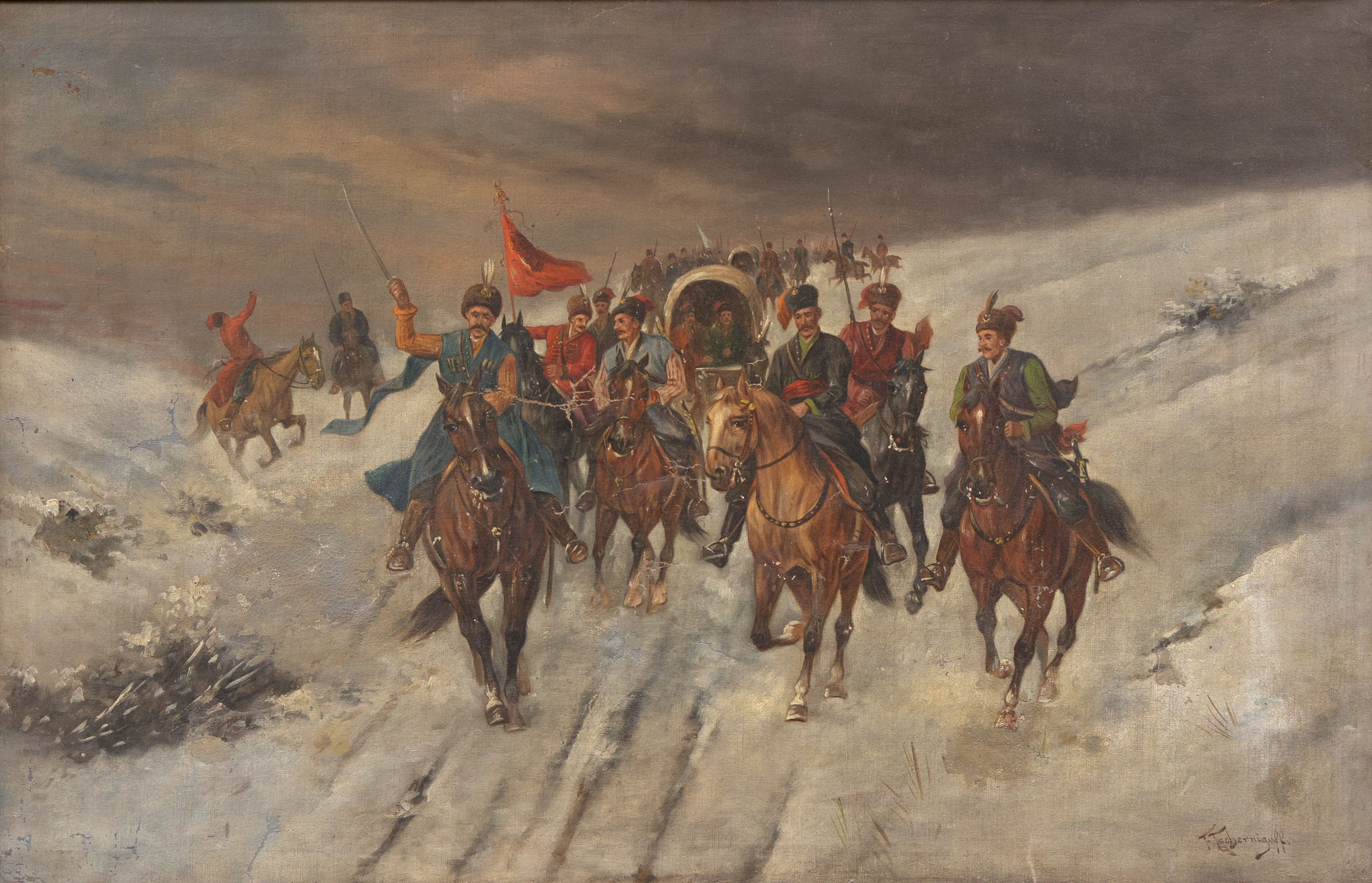 OIDENTIFIERAD KONSTNÄR (MÖJLIGEN RYSSLAND 1800-TAL). Slagfältsscen med ryska ryttare, olja på duk, otydligt signerad F Tschernigoff.