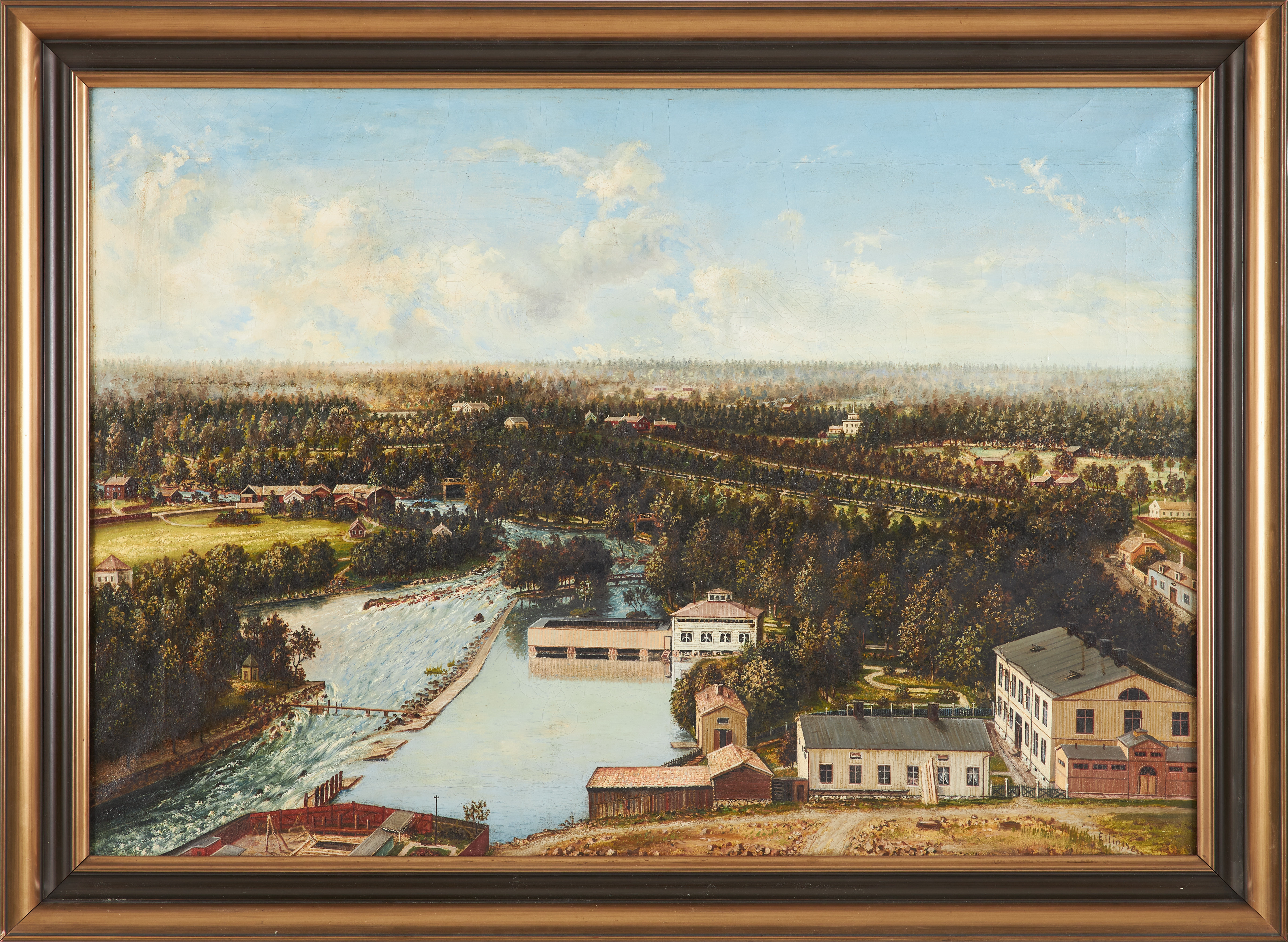 OIDENTIFIERAD KONSTNÄR. Olja på duk, "utsikt från kyrktornet över stadsparken Gävle " signerad Ellingsen.