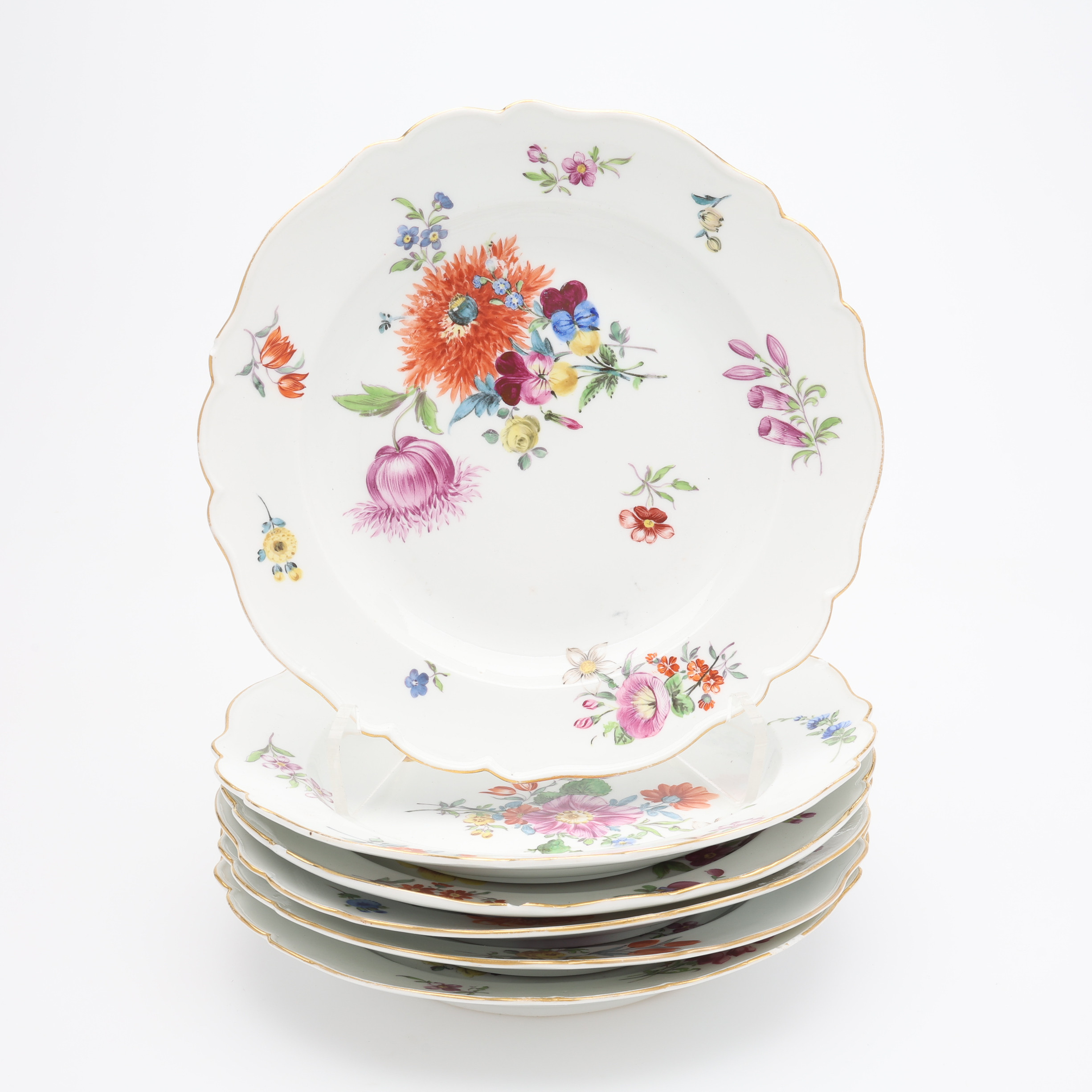 TALLRIKAR, 6 ST, PORSLIN, "DEUTSCHE BLUMEN", MEISSEN, MESTADELS 1700-TAL.