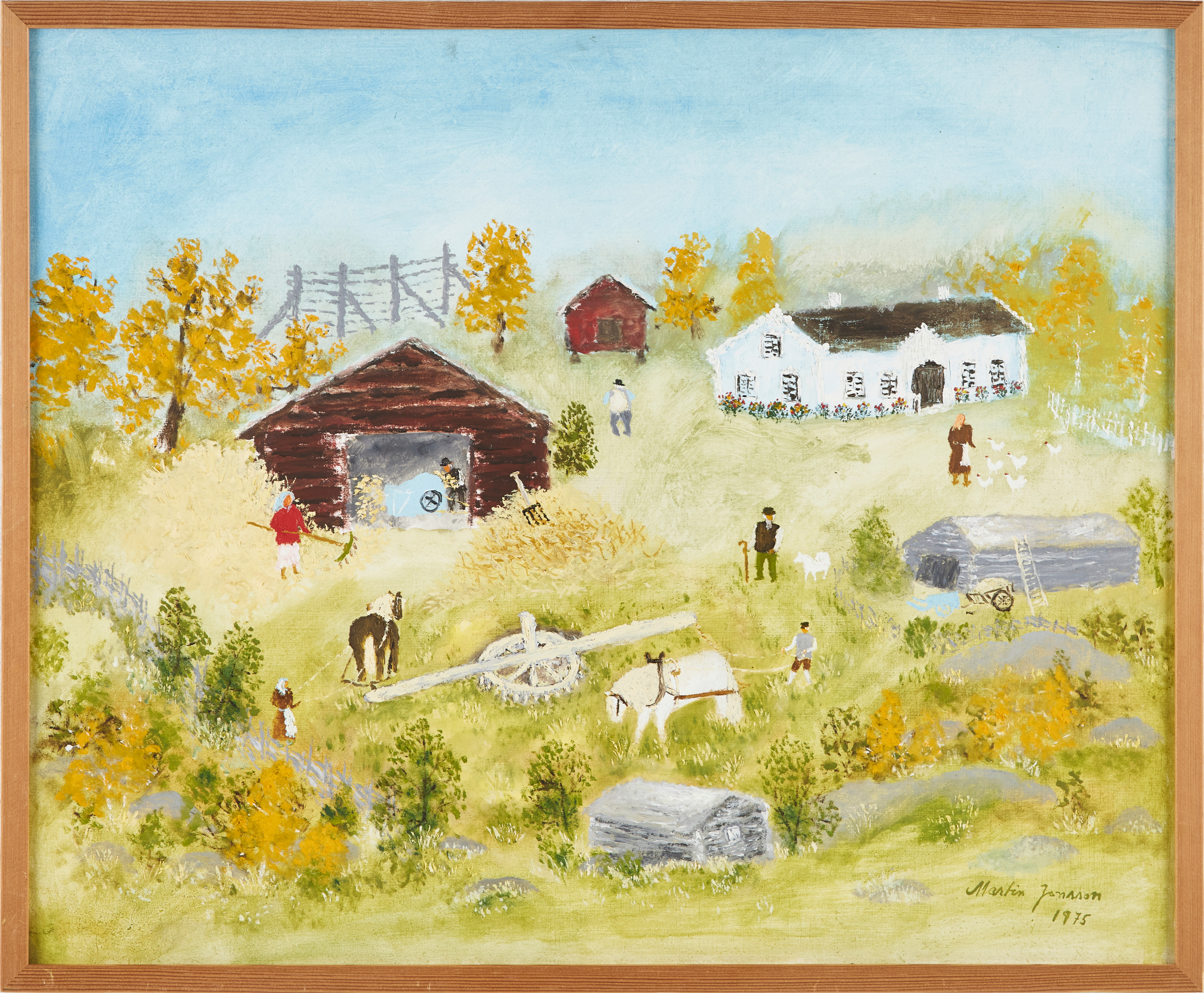MARTIN JONSSON (1917-1998). "Vi tröskar med vandring", olja på pannå, signerad och daterad 1975.
