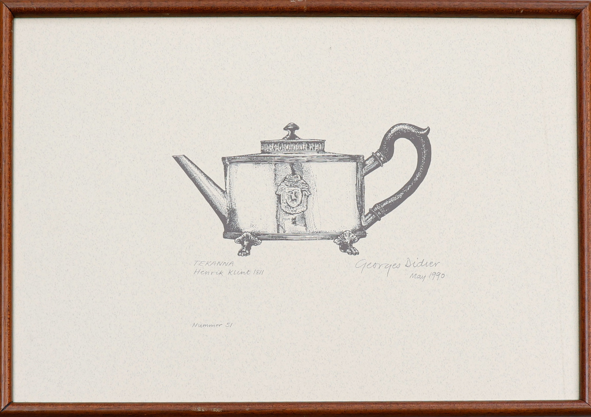 GEORGES DIDIER. Grafiskt blad,"Tekanna Henrik Klint 1811", signerad och daterad 1990.
