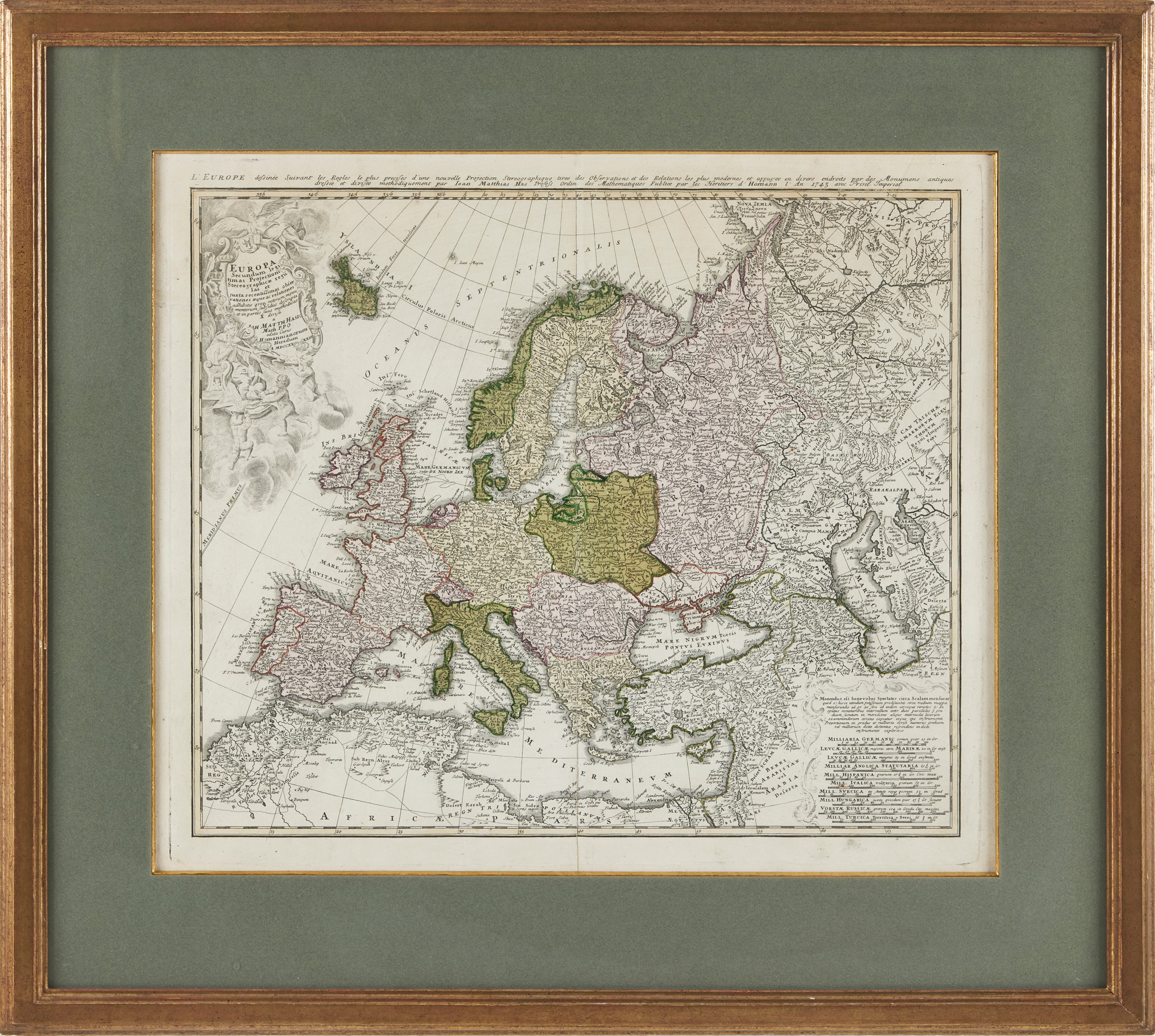 EUROPA, HAAS, JOHANN MATTHIAS (1684-1742): Gränskolorerad graverad karta, 1700-talets senare hälft.