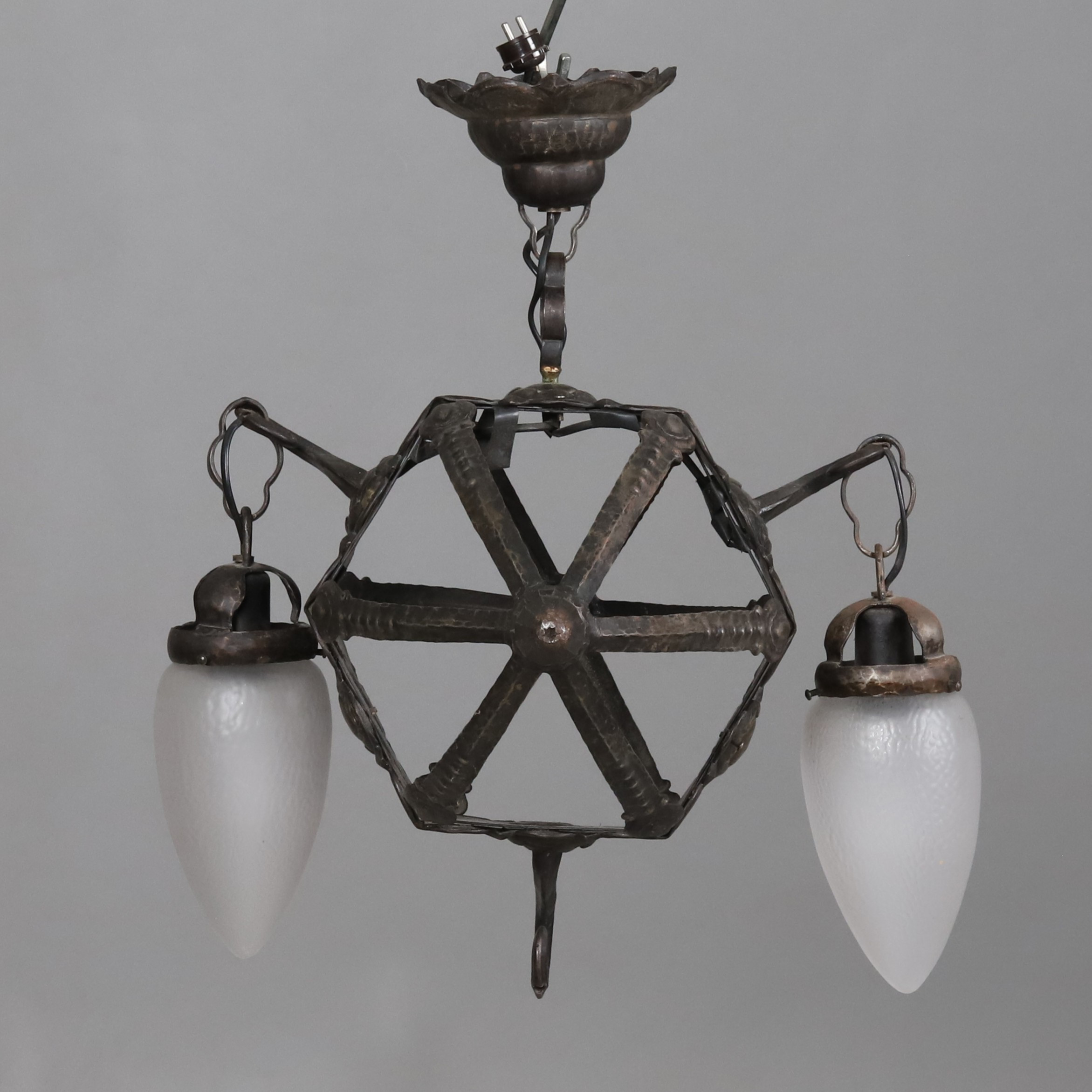 TAKLAMPA, jugendstil, smide, 2 st glaskupor.