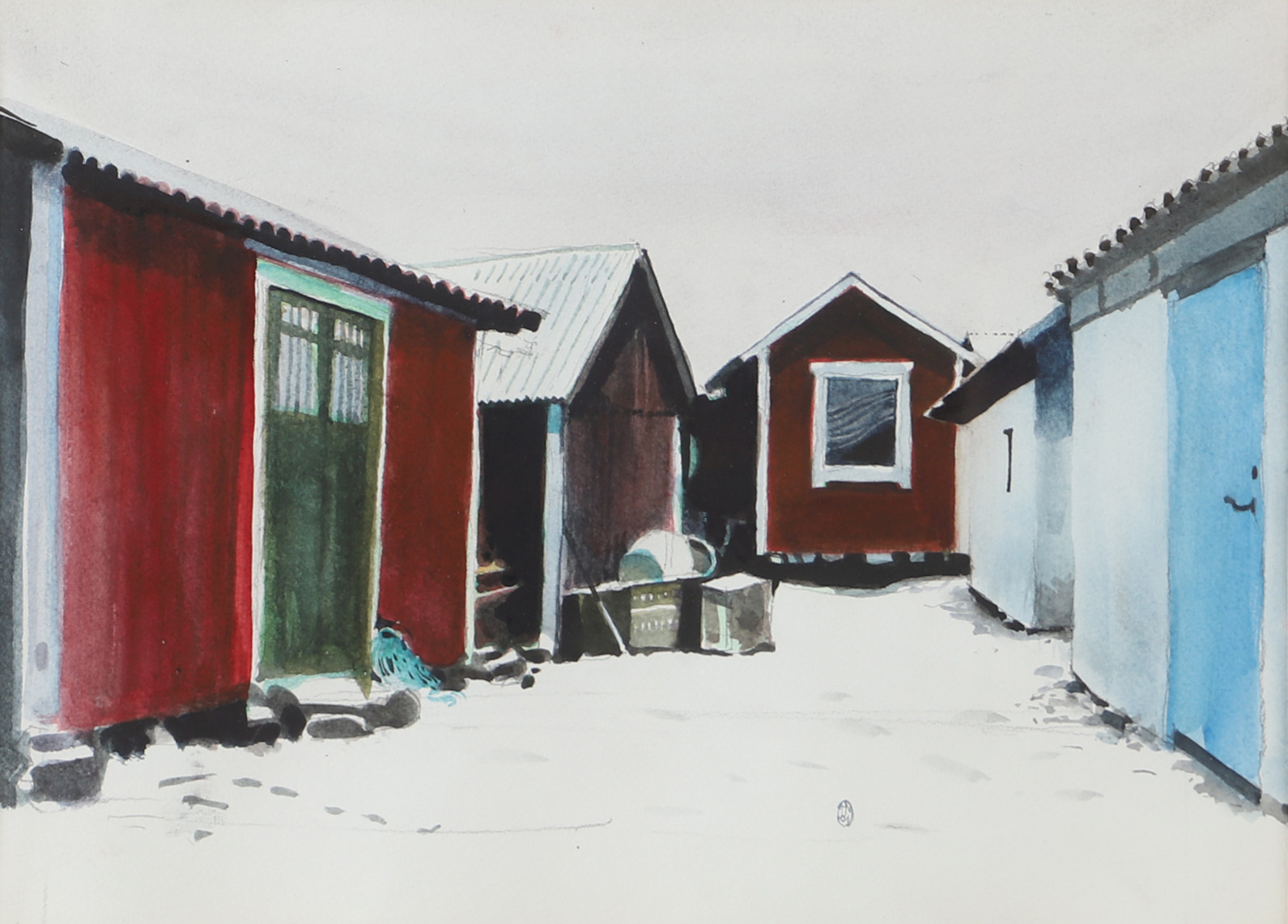 HÅKAN NYBERG. Fiskebodar, blandteknik, monogramsignerad.