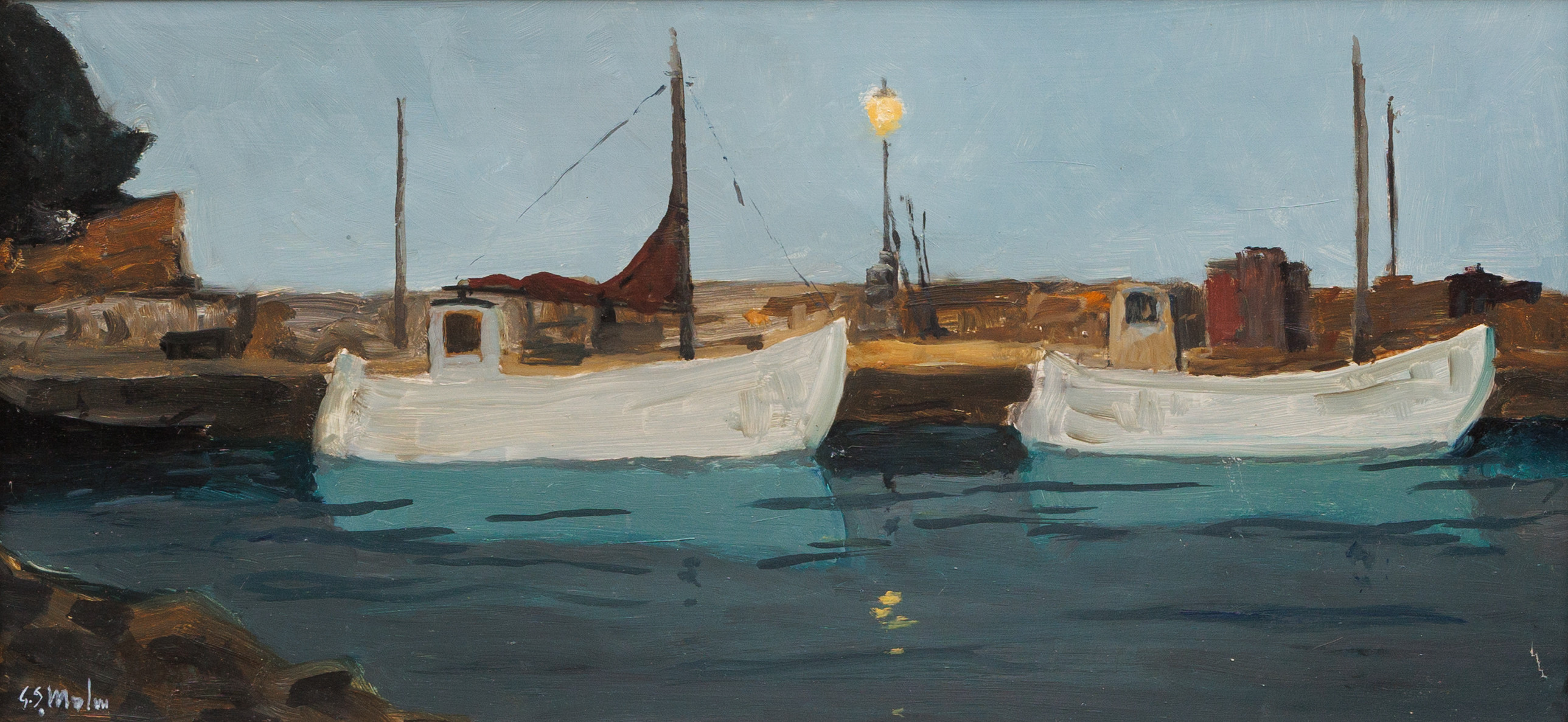 GUNNAR S. MALM (1909-1986). Fiskebåtar i hamn, olja på pannå, signerad.