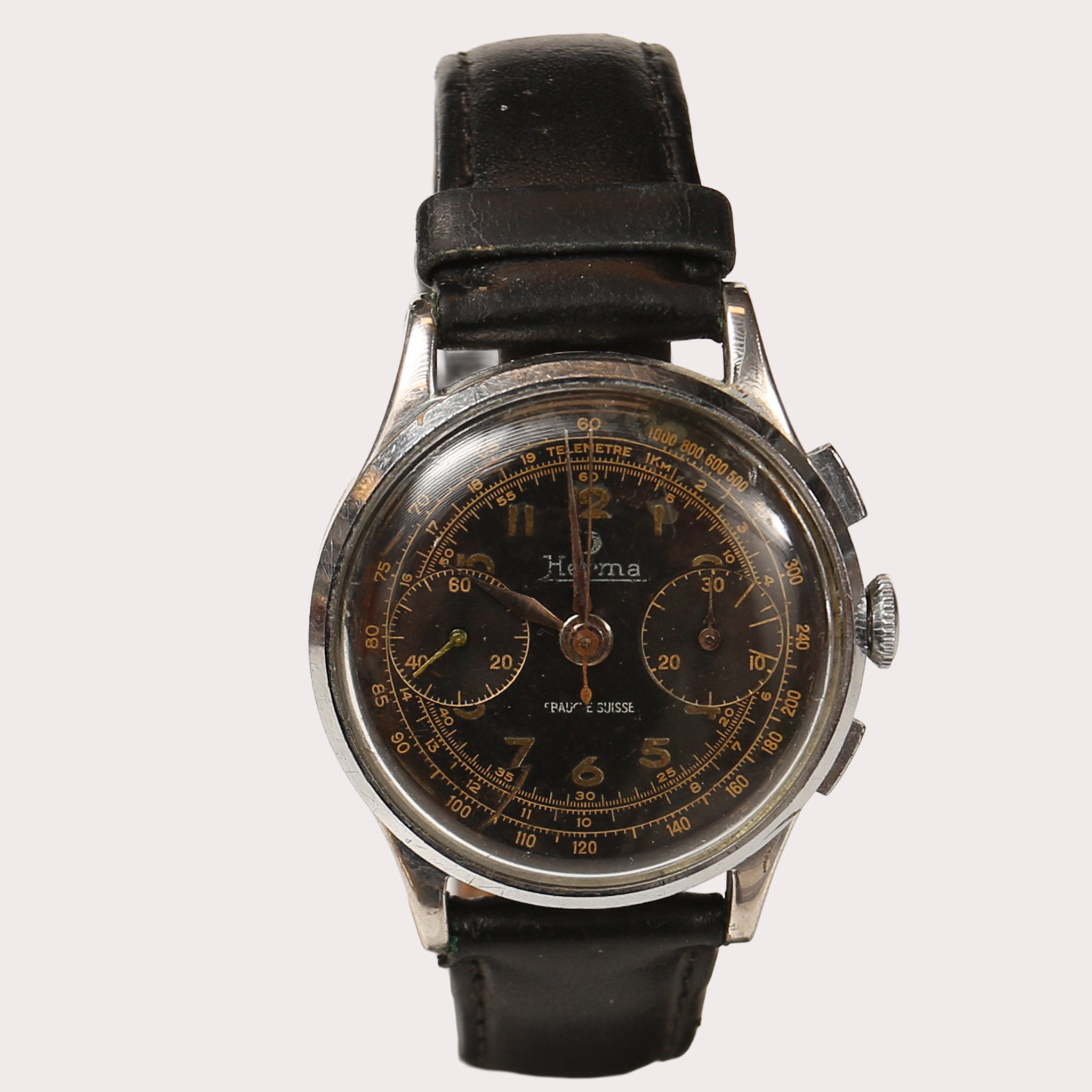 ARMBANDSUR, Herma, Kronograf, stål/krom med läderband, omkring 1940.