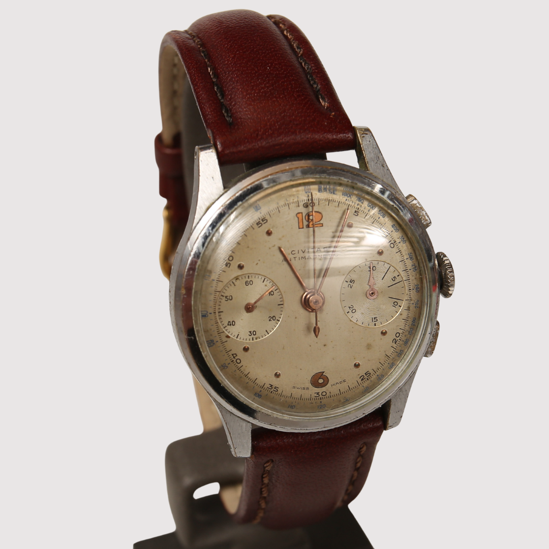 ARMBANDSUR, Civitas, Kronograf, stål/krom med läderband, omkring 1940/1950.