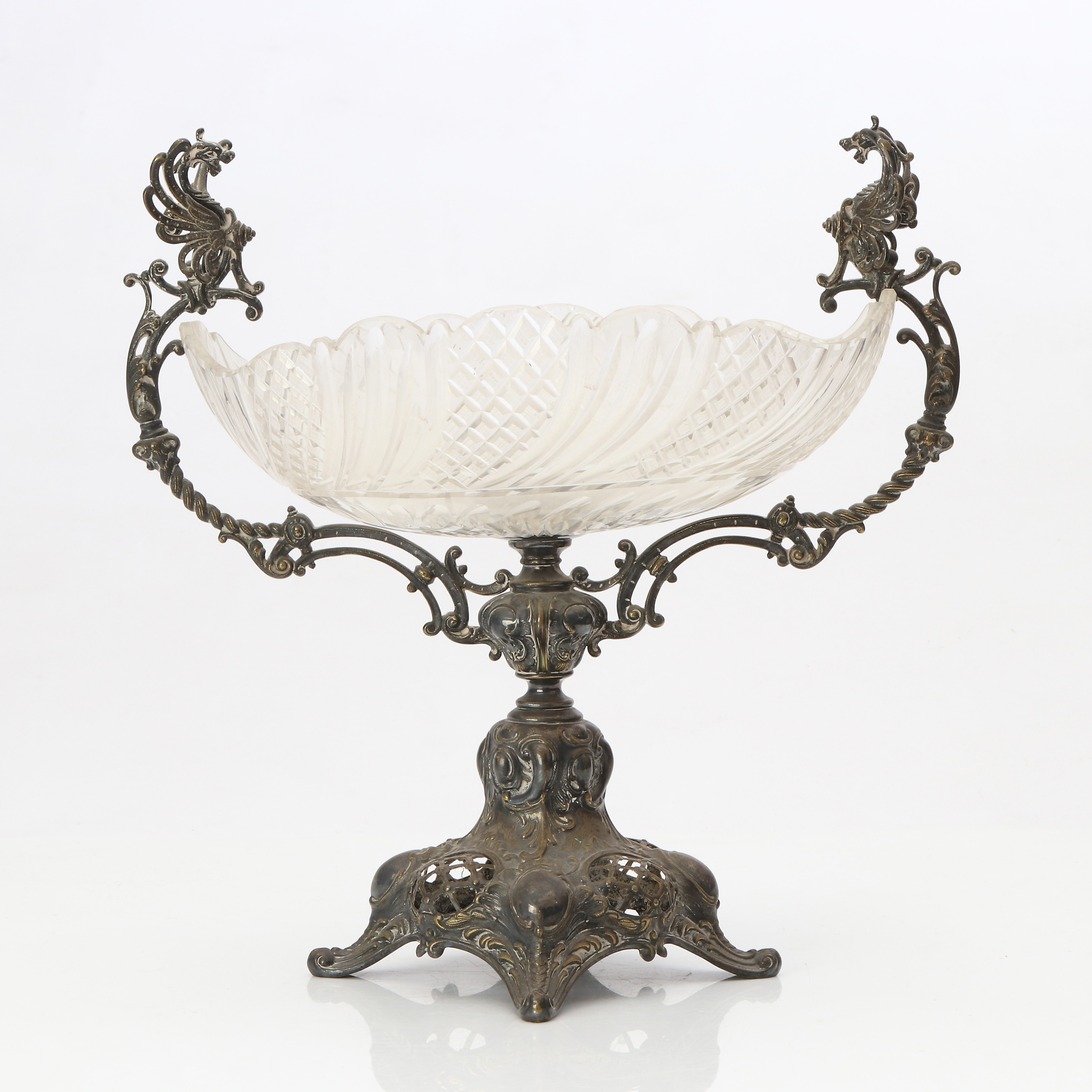 UPPSATSSKÅL. Nysilver med glasskål. Nyrokoko, 1800-tal.
