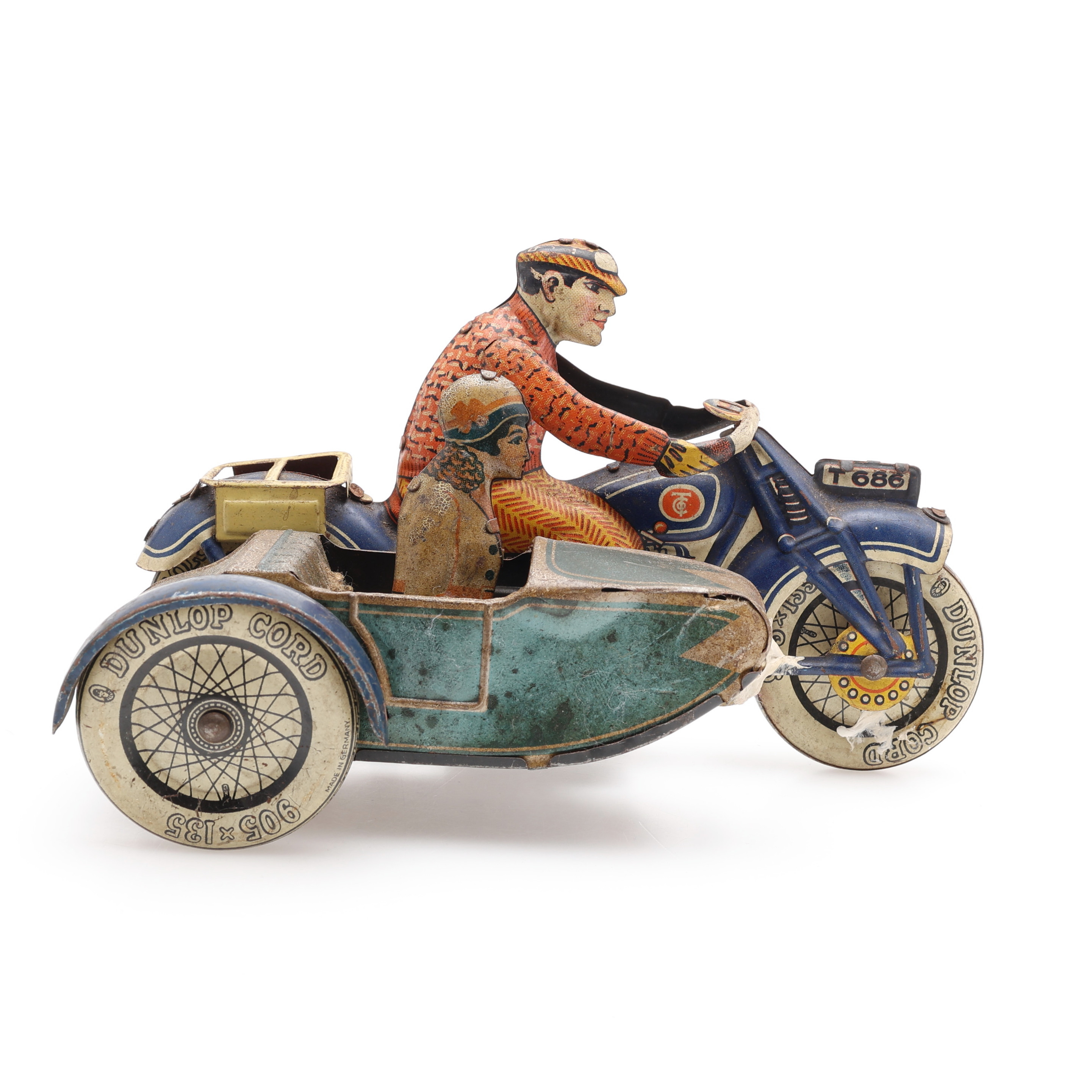 MOTORCYKEL MED SIDOVAGN, LTOGRAFERAD PLÅT, T 686, TIPCO, TYSKLAND, 1930-TAL.