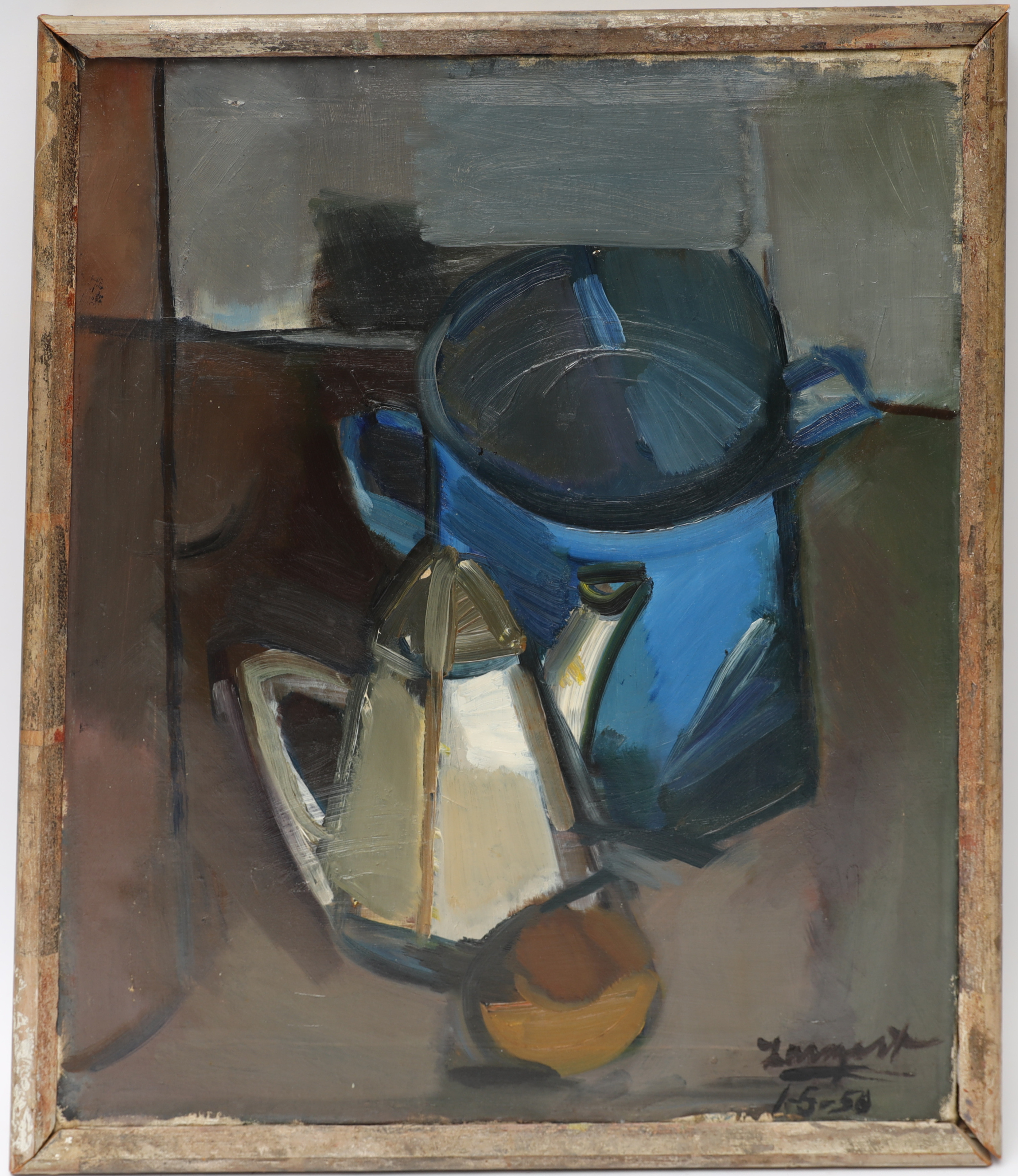 OLLE LANGERT. Stilleben med kaffekanna, oljemålning på duk, otydligt signerad och daterad 50.