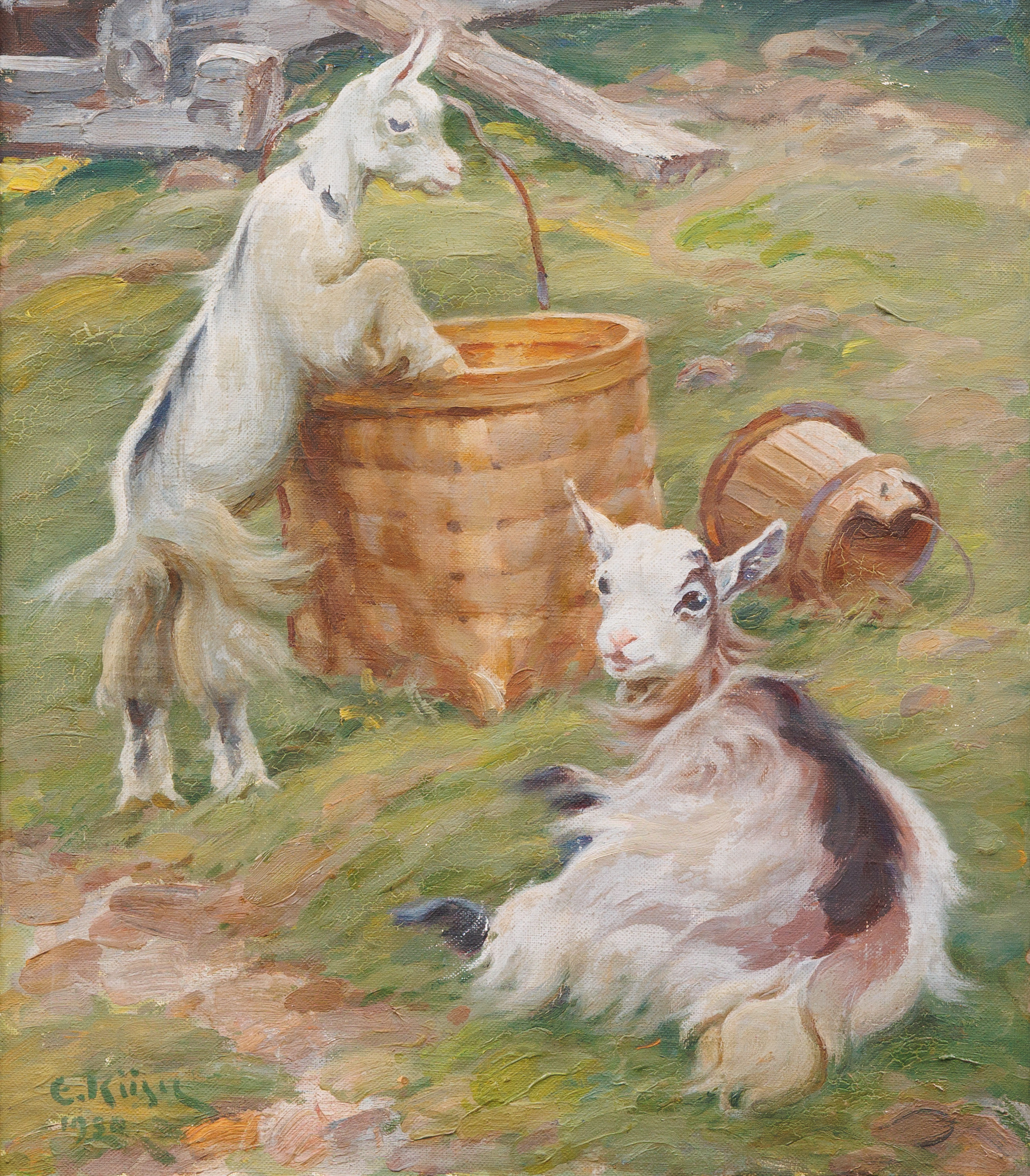 ERNST KÜSEL (1873-1942). Getter vid korg, olja på duk, signerad och daterad.