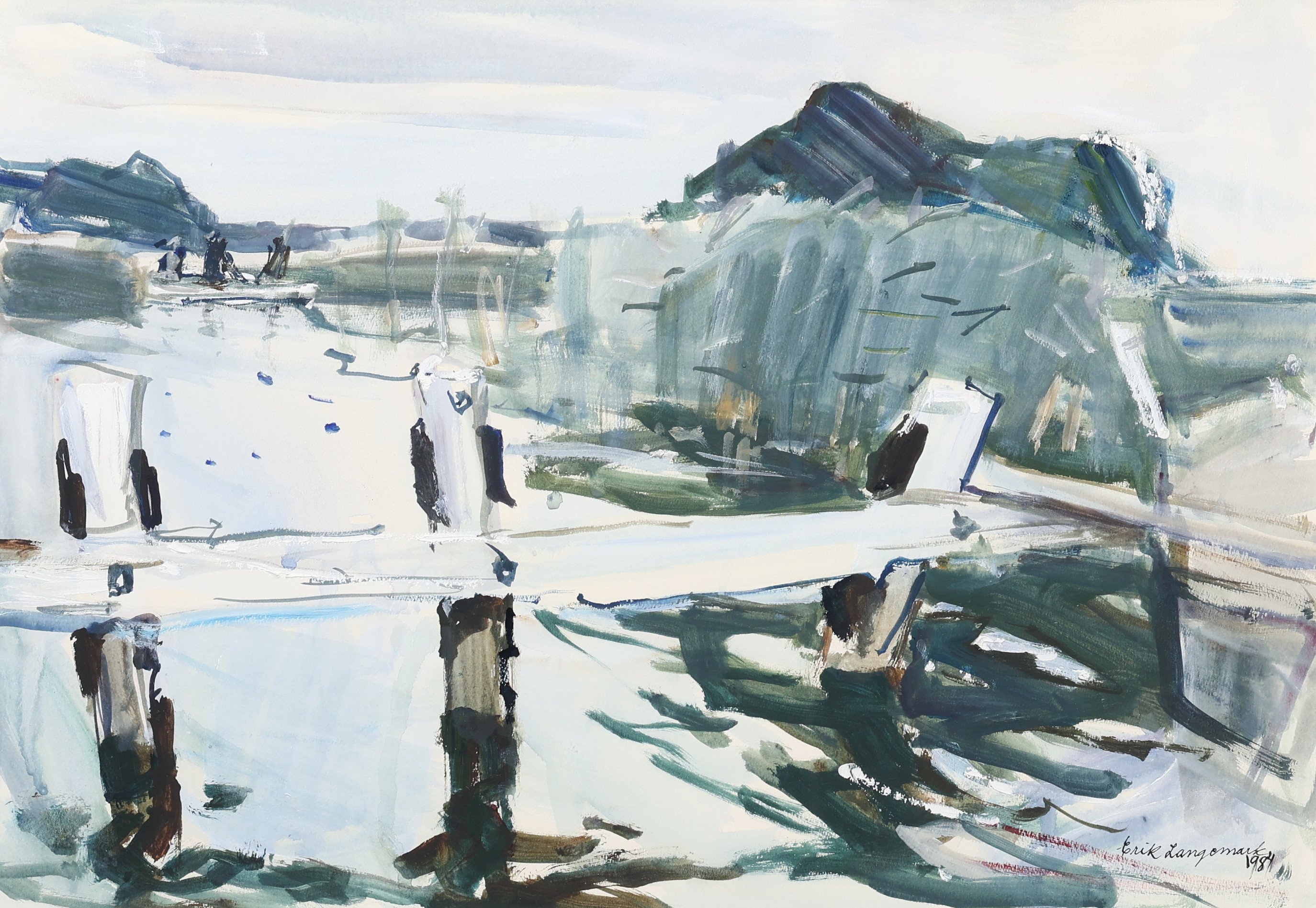 ERIK LANGEMARK. Akvarell, blandteknik på papper, signerad, 1984.