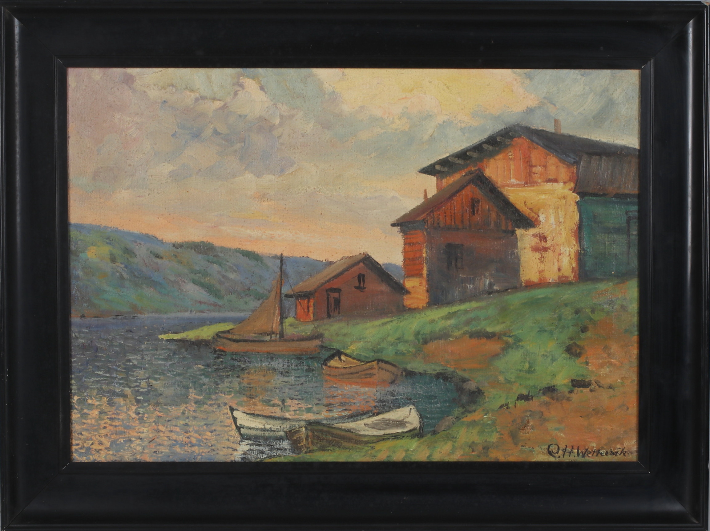 CARL HERMAN WETTERWIK. Gård vid stranden, olja på duk, signerad.