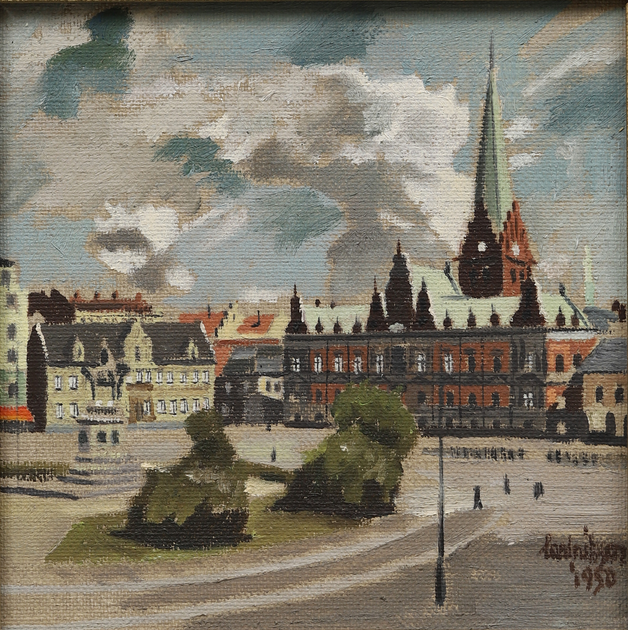 OIDENTIFIERAD KONSTNÄR. Stortorget i Malmö, olja på pannå, otydligt signerad och daterad 1950.