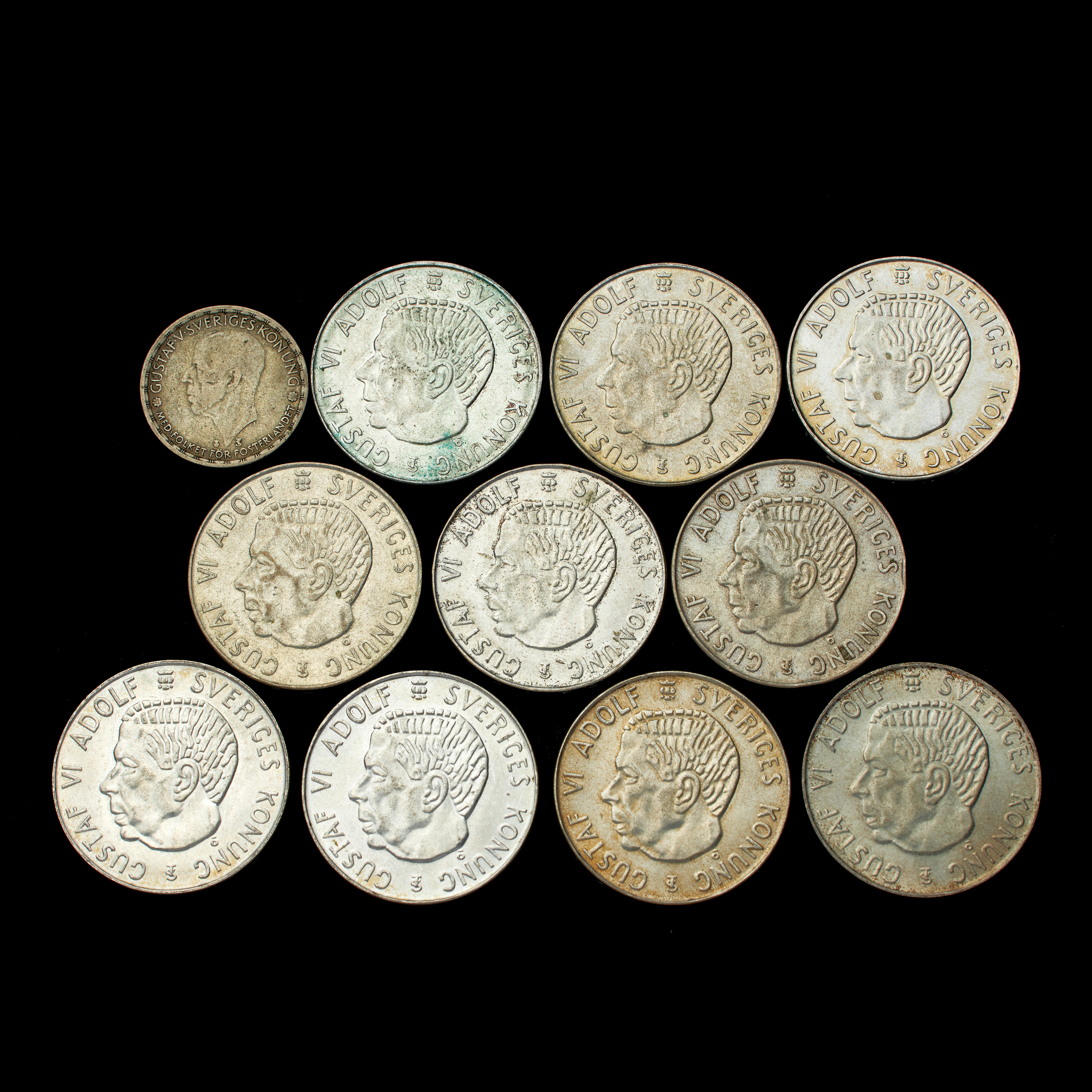 SILVERMYNT 11 st, 5 kr Gustaf VI Adolf, 1954, Gustaf V 1 kr 1947.