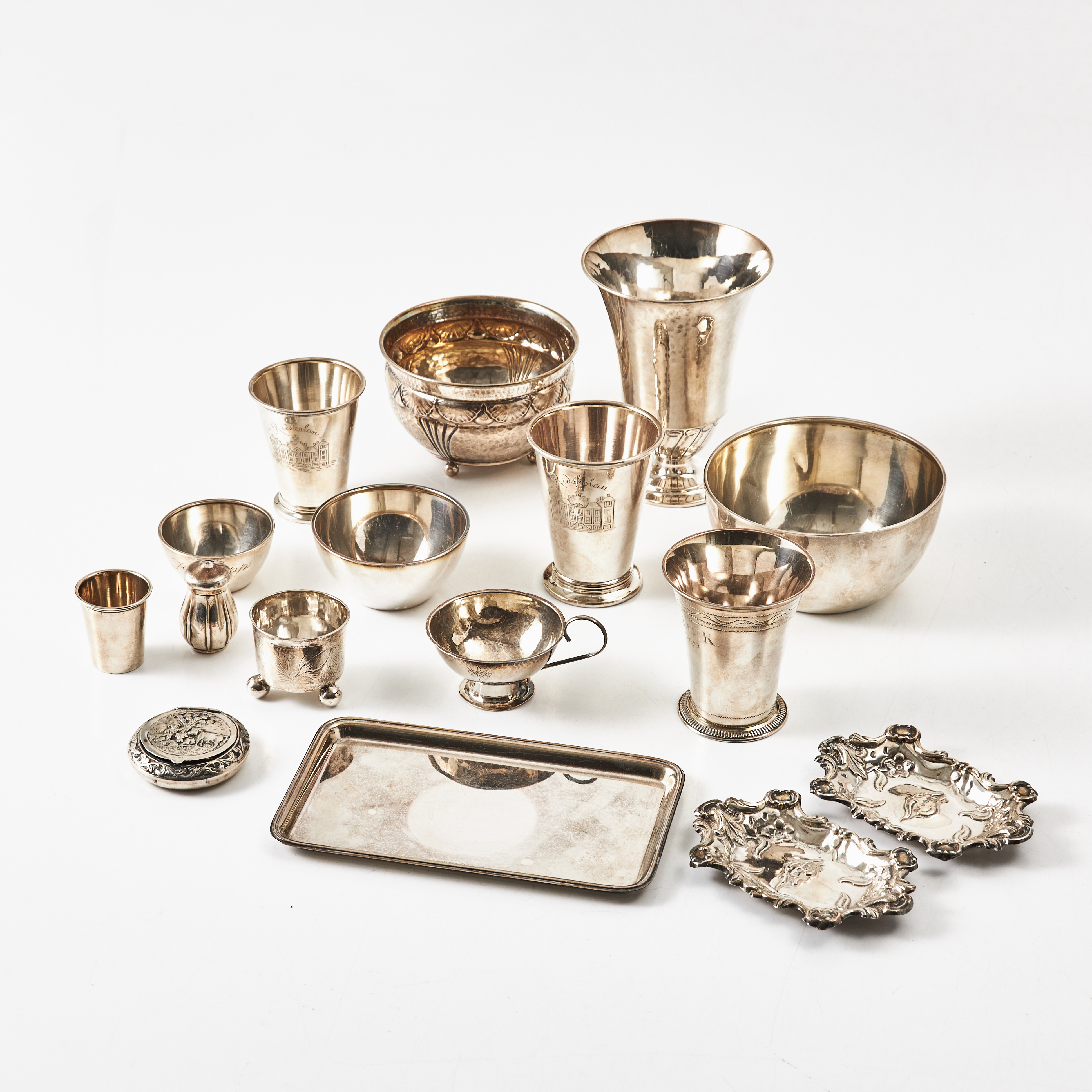 BÄGARE, FAT, SKÅLAR, 16 delar, silver.