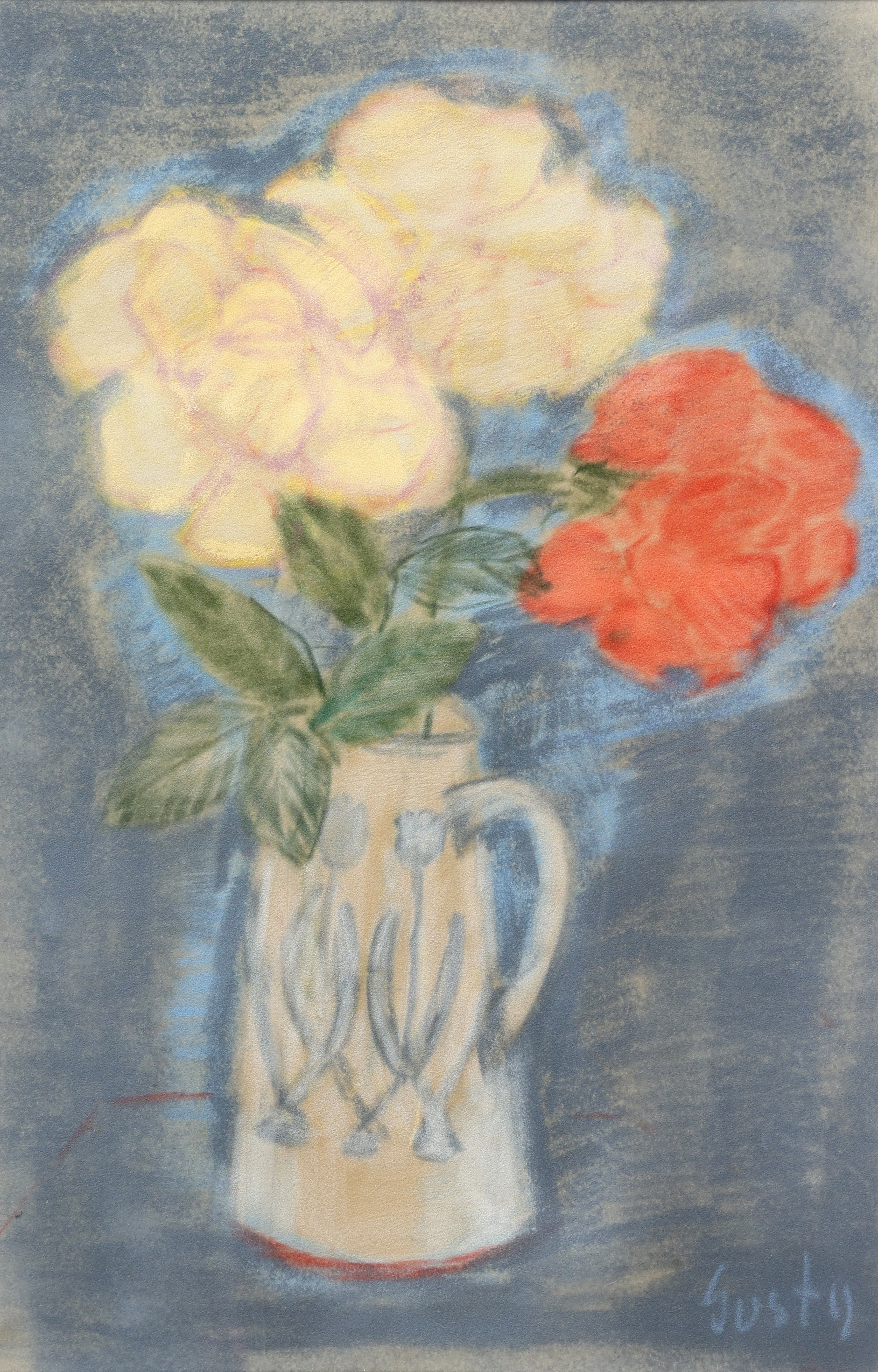 GUSTY OLSSON. Pastell på papper, blomsterstilleben, signerad.