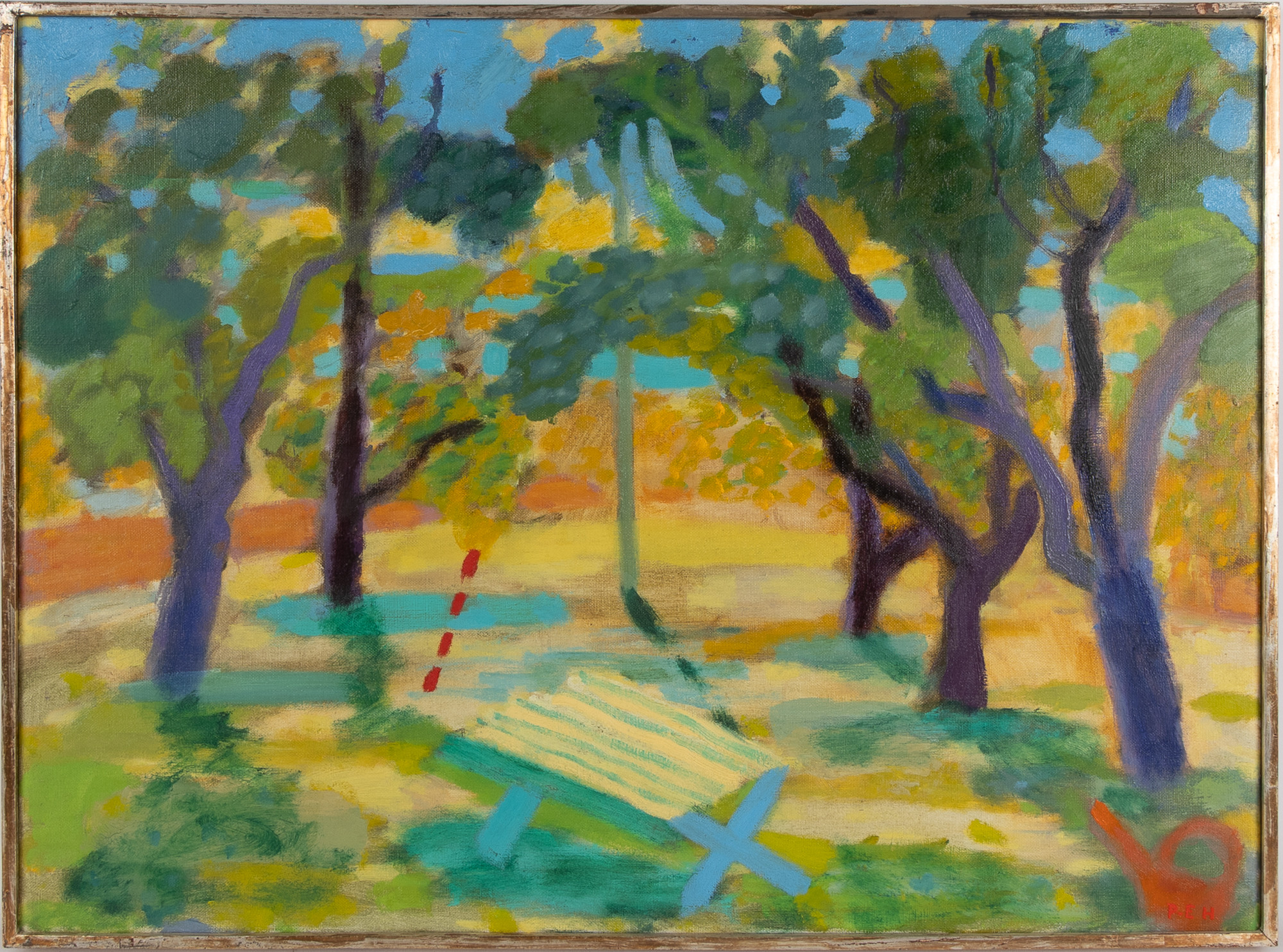 PER-ERIK HAGDAHL (1929-1982). "Solnedgång och lågt trädgårdsbord", olja på duk.