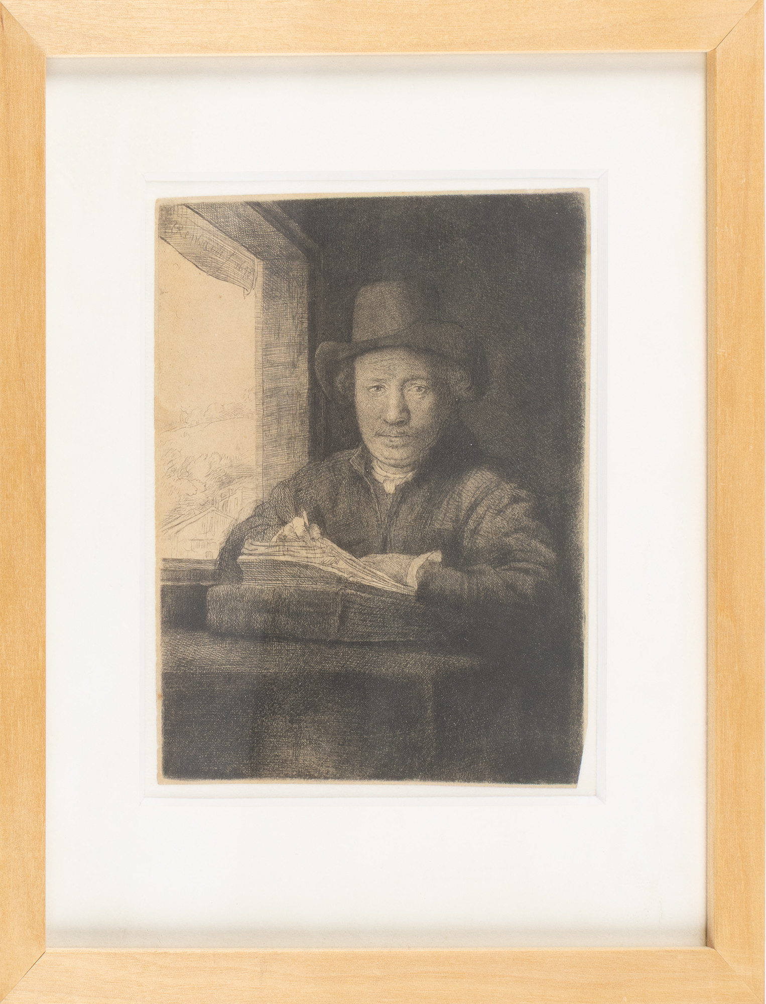 REMBRANDT  VAN RIJN. EFTER. "Självporträtt ritande vid ett fönster", etsning.