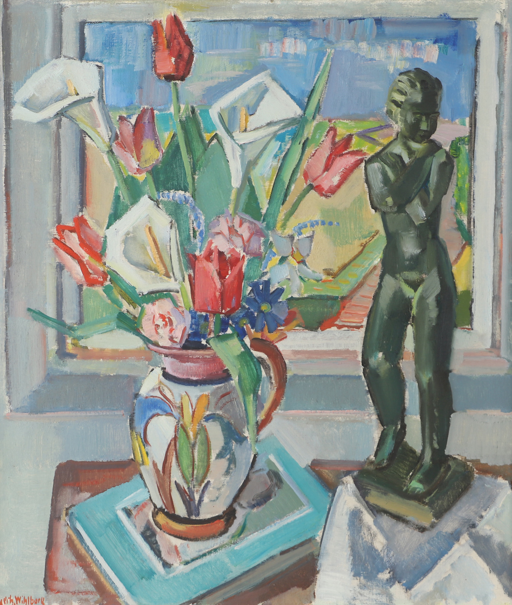 GERHARD WIHLBORG. "Vårblommor o statyett", olja på duk , signerad Gerh. Wihlborg.