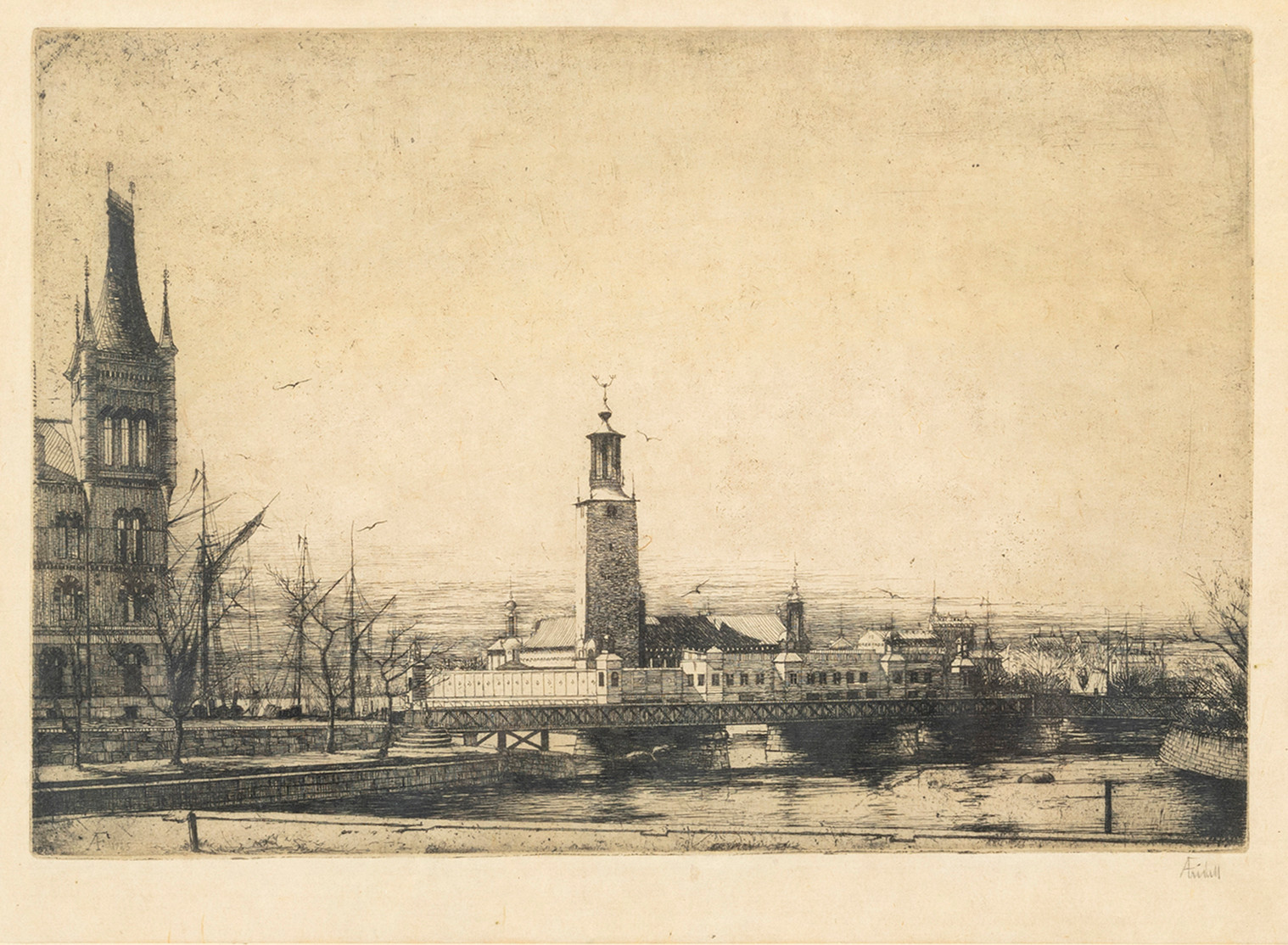 AXEL FRIDELL. Stadshuset och Strömbadet, Stockholm, torrnål, signerad AF och daterad 1925 i plåten, signerad AFridell.