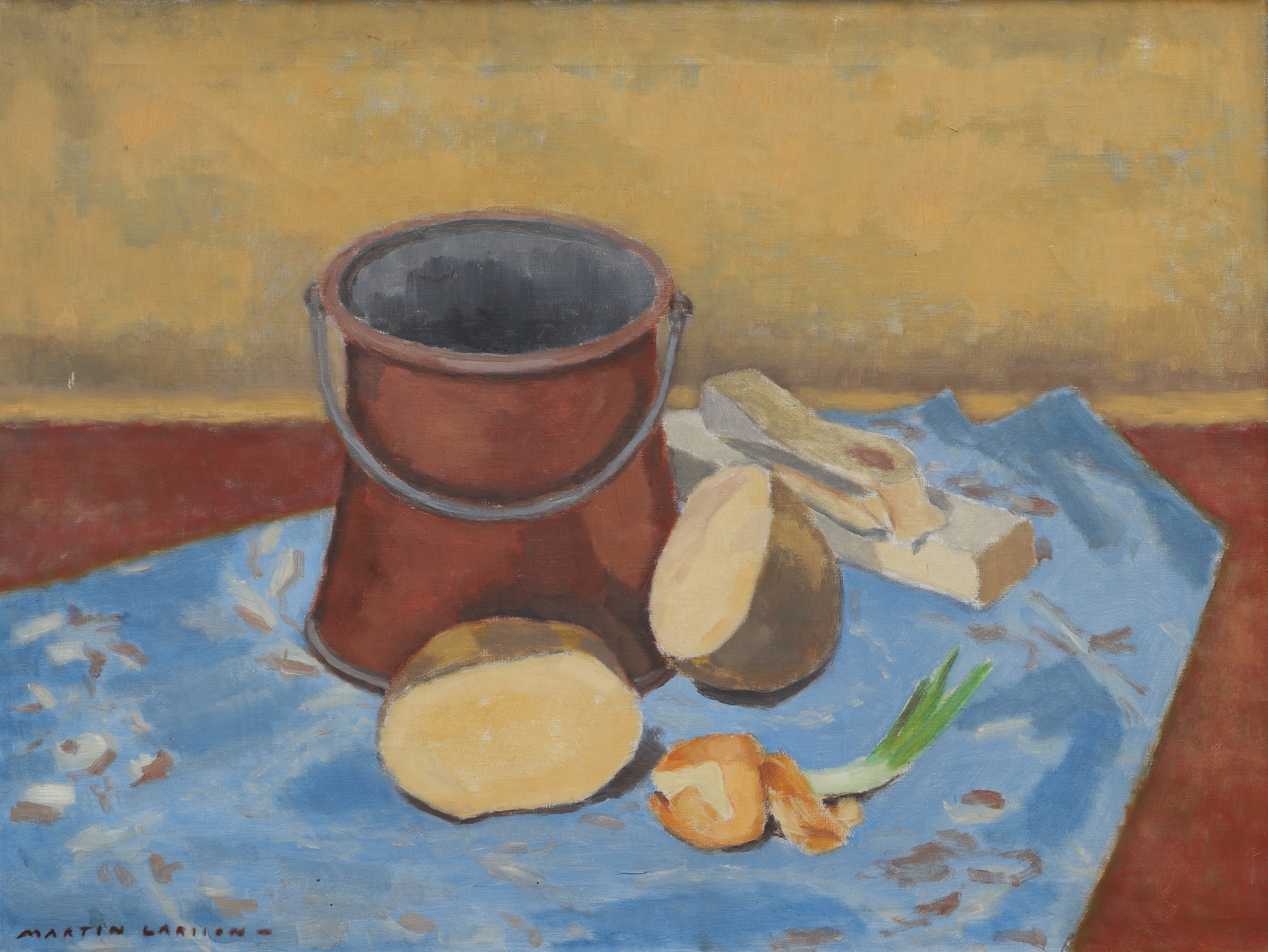 MARTIN LARSSON. Olja på duk, "Stilleben med kopparkittel", signerad, 1900-tal.