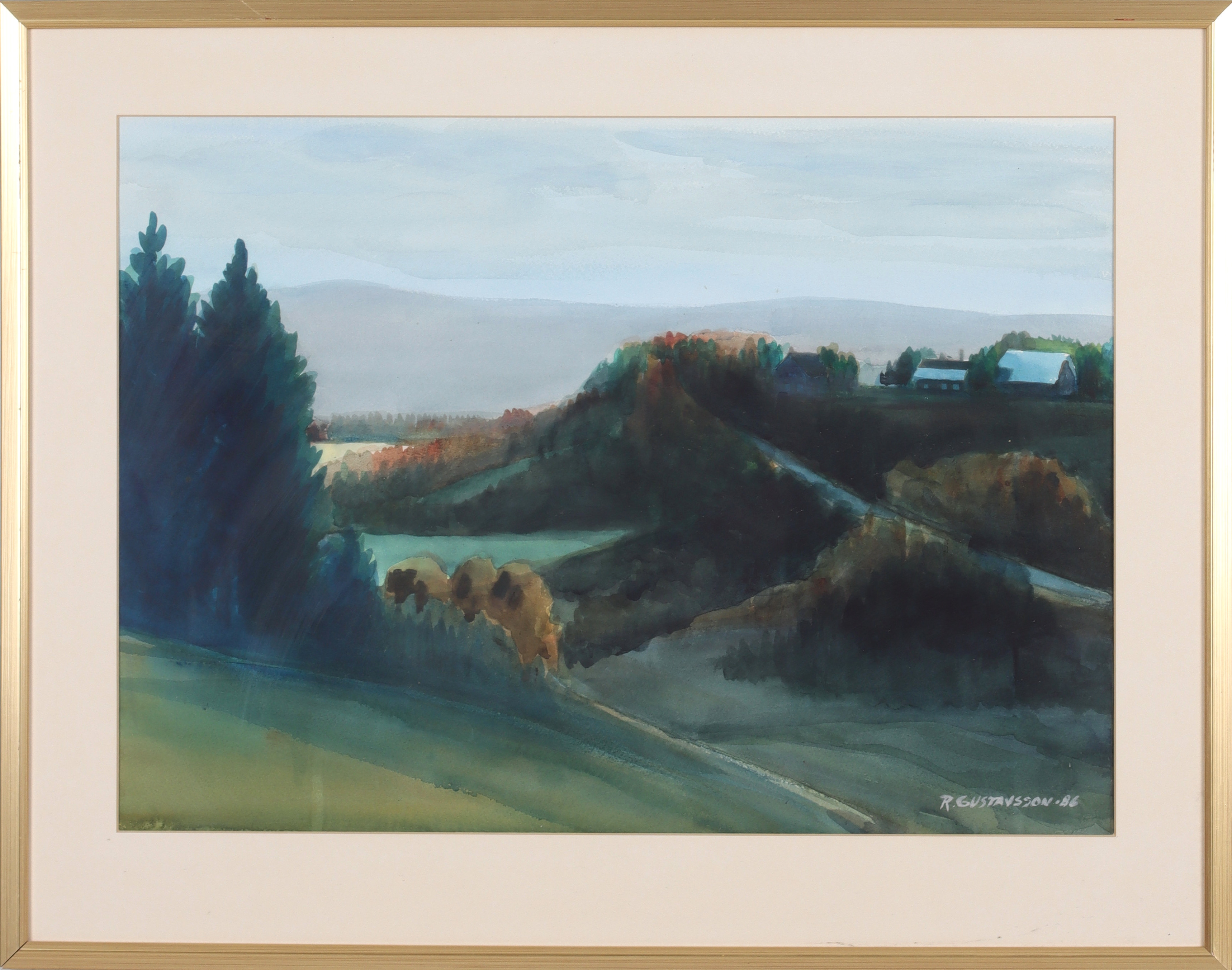 OIDENTIFIERAD KONSTNÄR. Landskapsmotiv, akvarell, signerad och daterad R. Gustavsson -86.