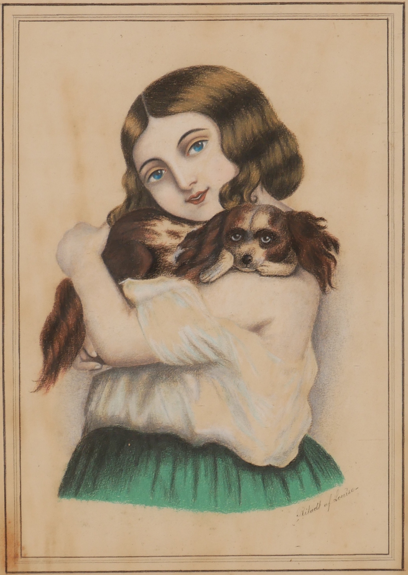 OIDENTIFIERAD KONSTNÄR. Porträtt av flicka med hund, blandteknik, signerad "Ritadt af Louise", 1800-tal.