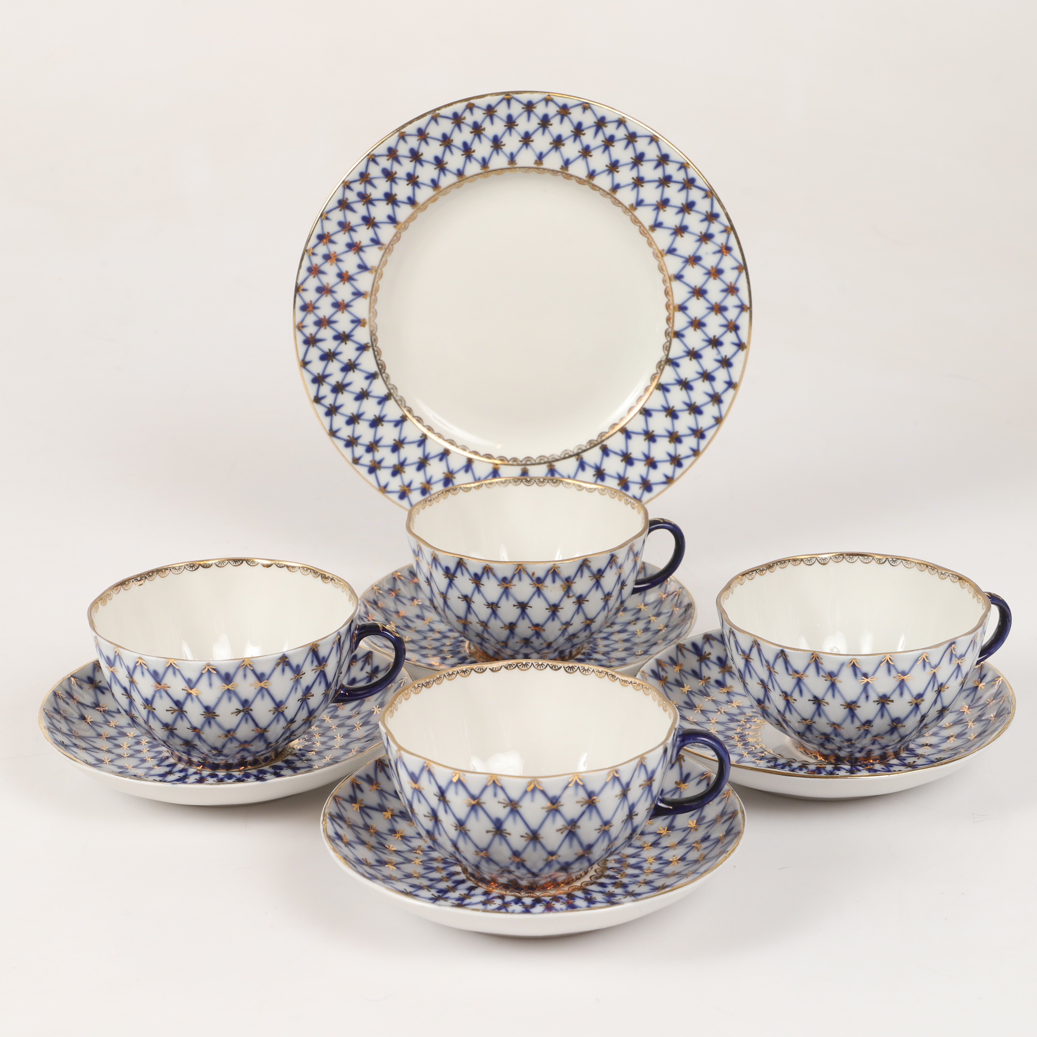 KAFFESERVISDELAR, 15 stycken, "Cobalt Net", Lomonosov, Ryssland.