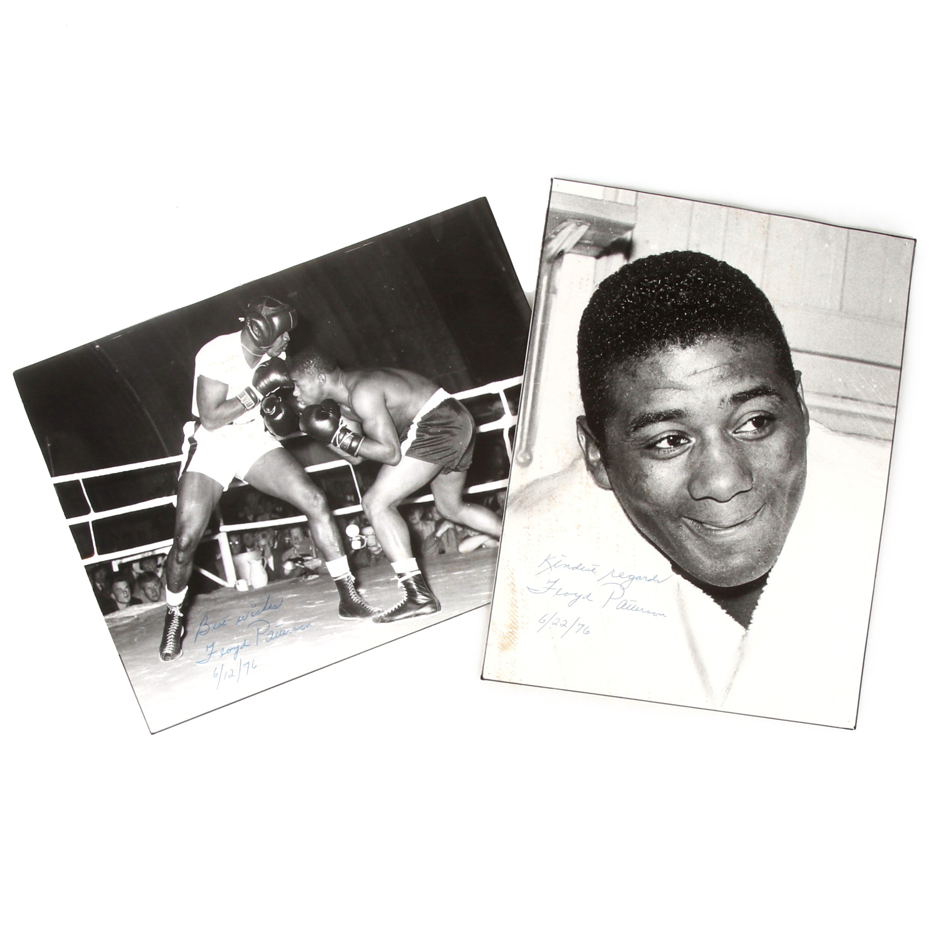 AUTOGRAFER, två bilder, signerade av Floyd Patterson. Daterade -76.
