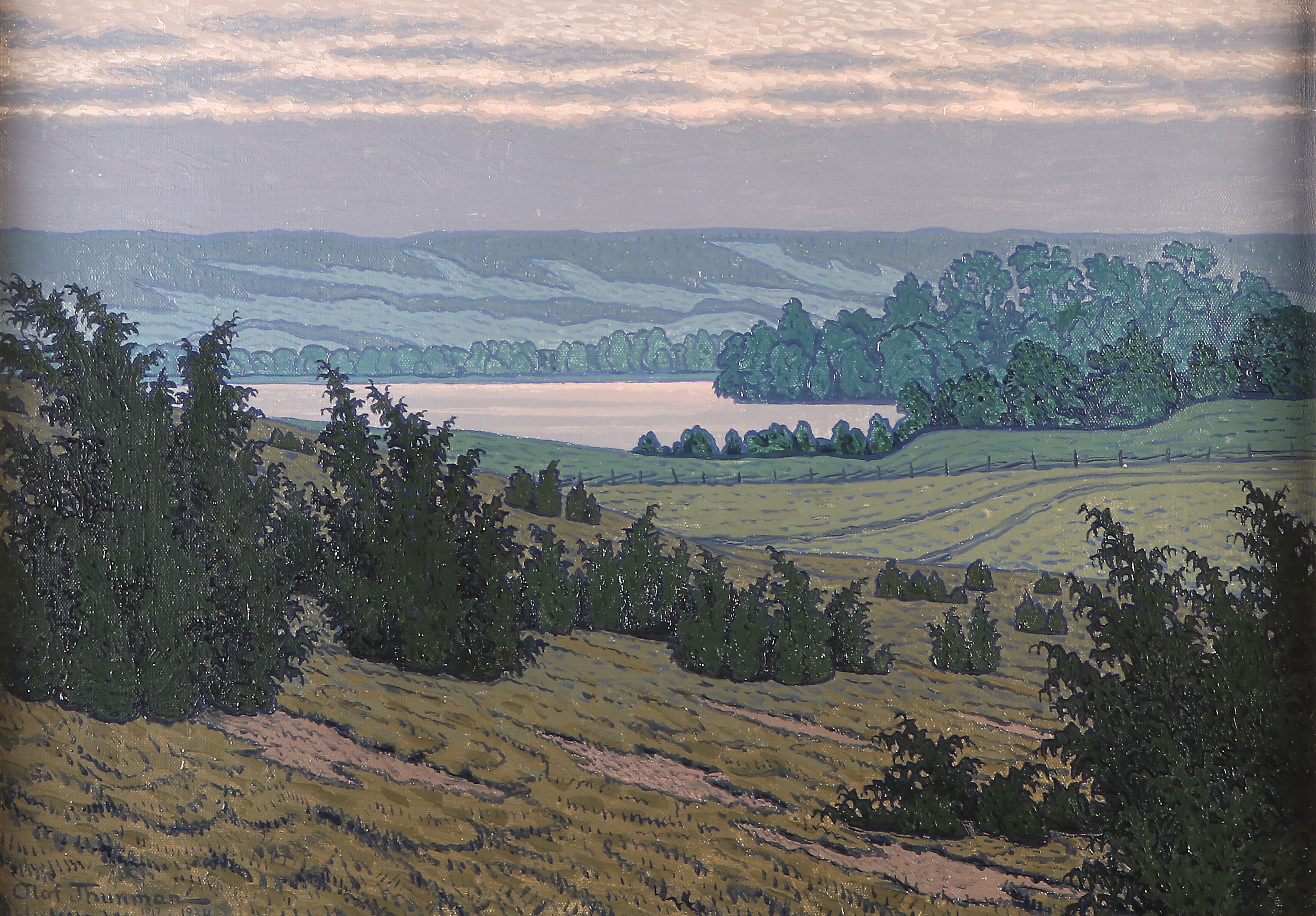 OLOF THUNMAN. Oljemålning på duk. Landskap med insjö. Signerad och daterad 1917, 1934.